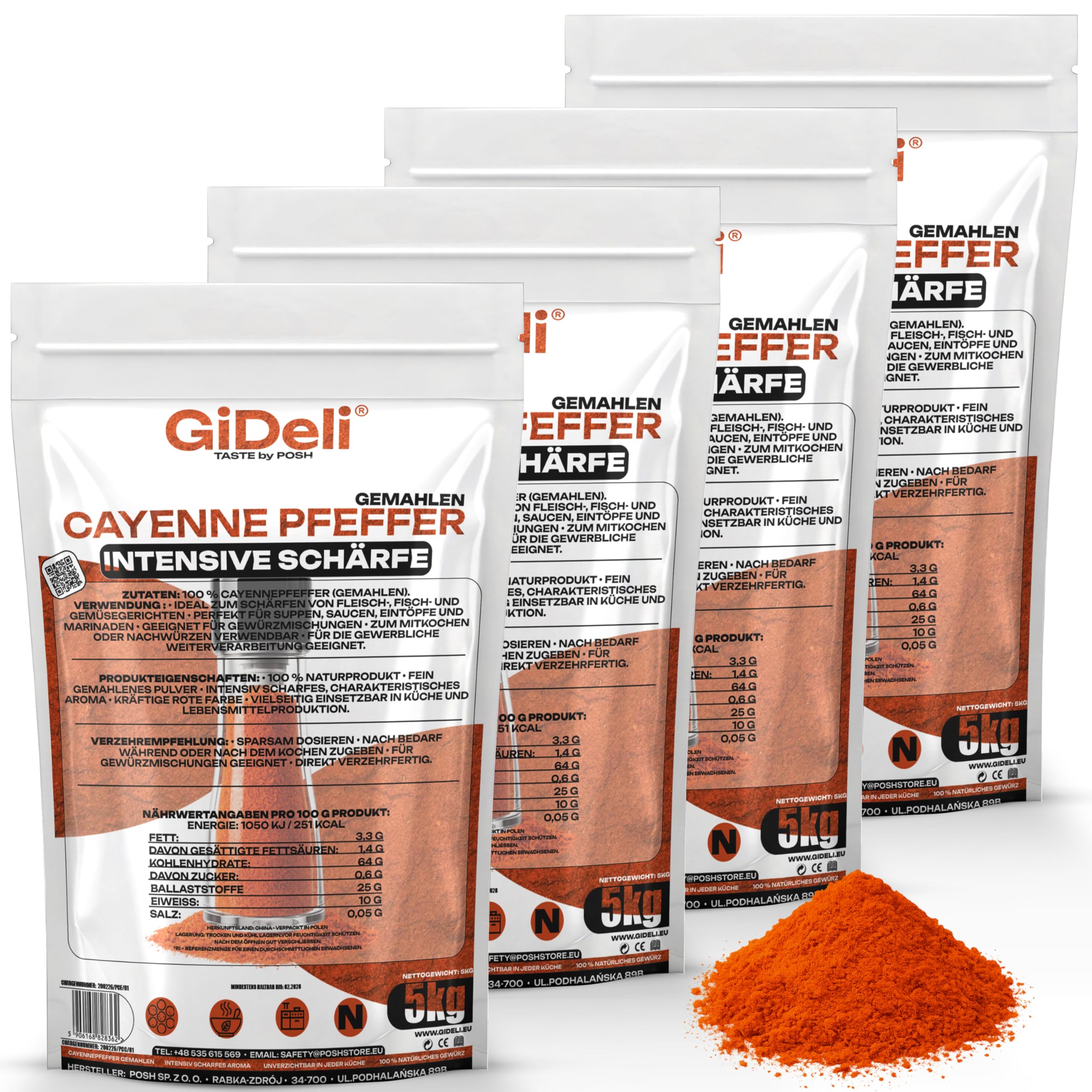 GiDeli Cayenne Pfeffer 4 x 5kg - Fein Gemahlenes Chilipulver für Fleisch, Fisch, Suppen und Soßen - Mexikanische und asiatische Küche - Scharf Intensiver Geschmack - 100% Naturprodukt