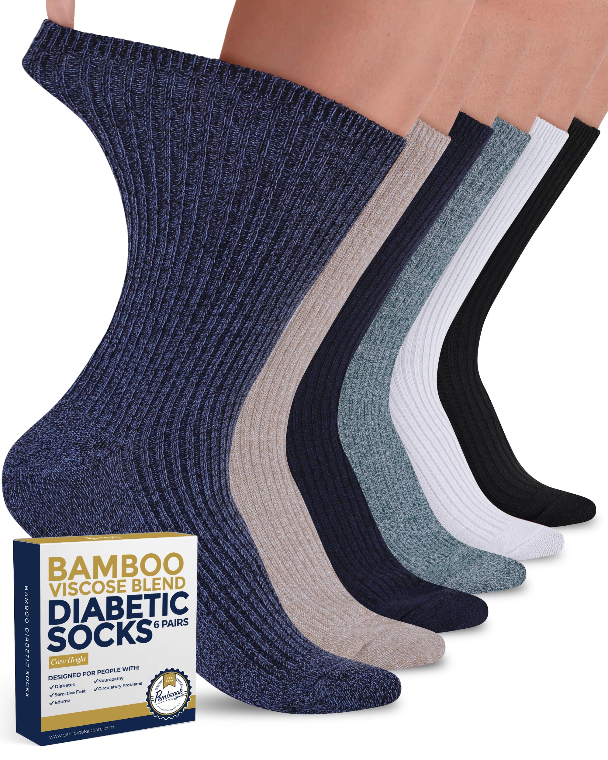 Pembrook Ribbed Knit Bamboo Viscose Diabetic Socks - 6 Pairs Crew Neuropathy Socks for Women | Diabetic Socks for Women