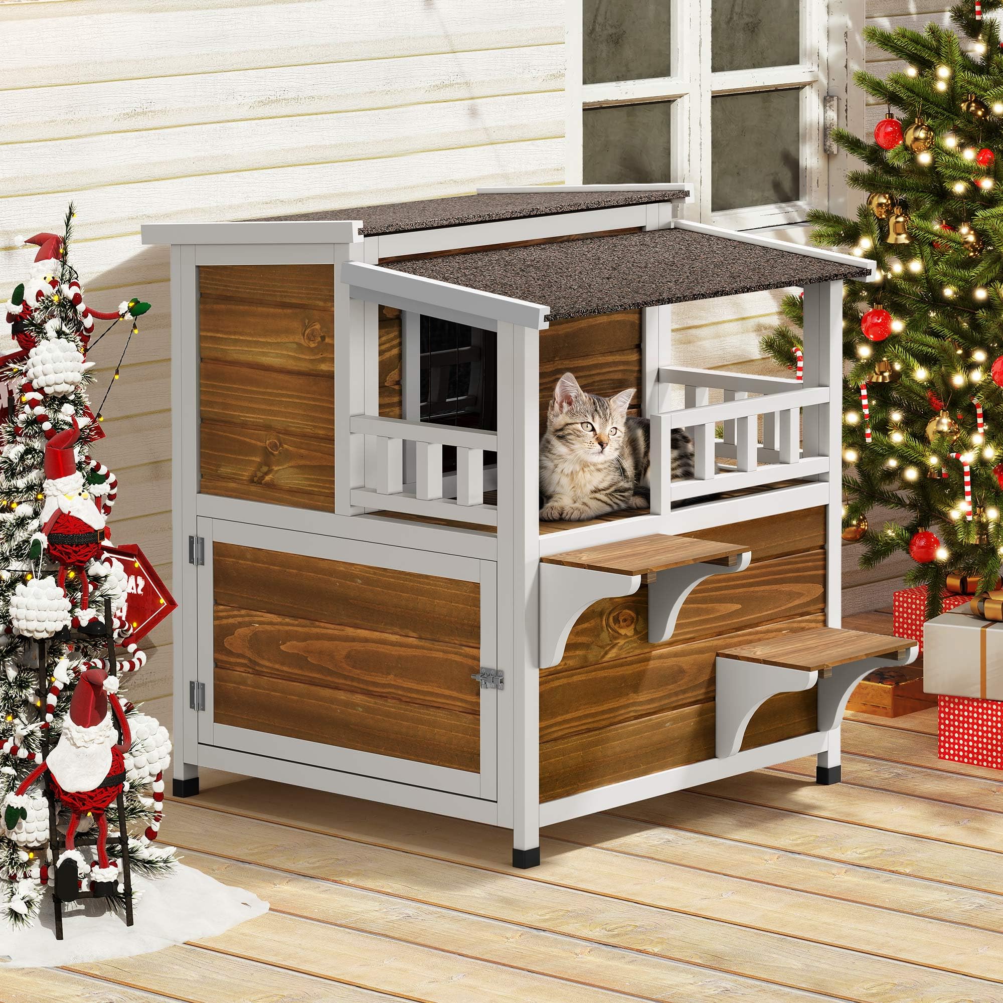 YITAHOME Two Story Outdoor Cat House with Balcony, Large Feral Villa Cat Shelter Weatherproof, 2 Story Outside Cat House for Multiple Cats