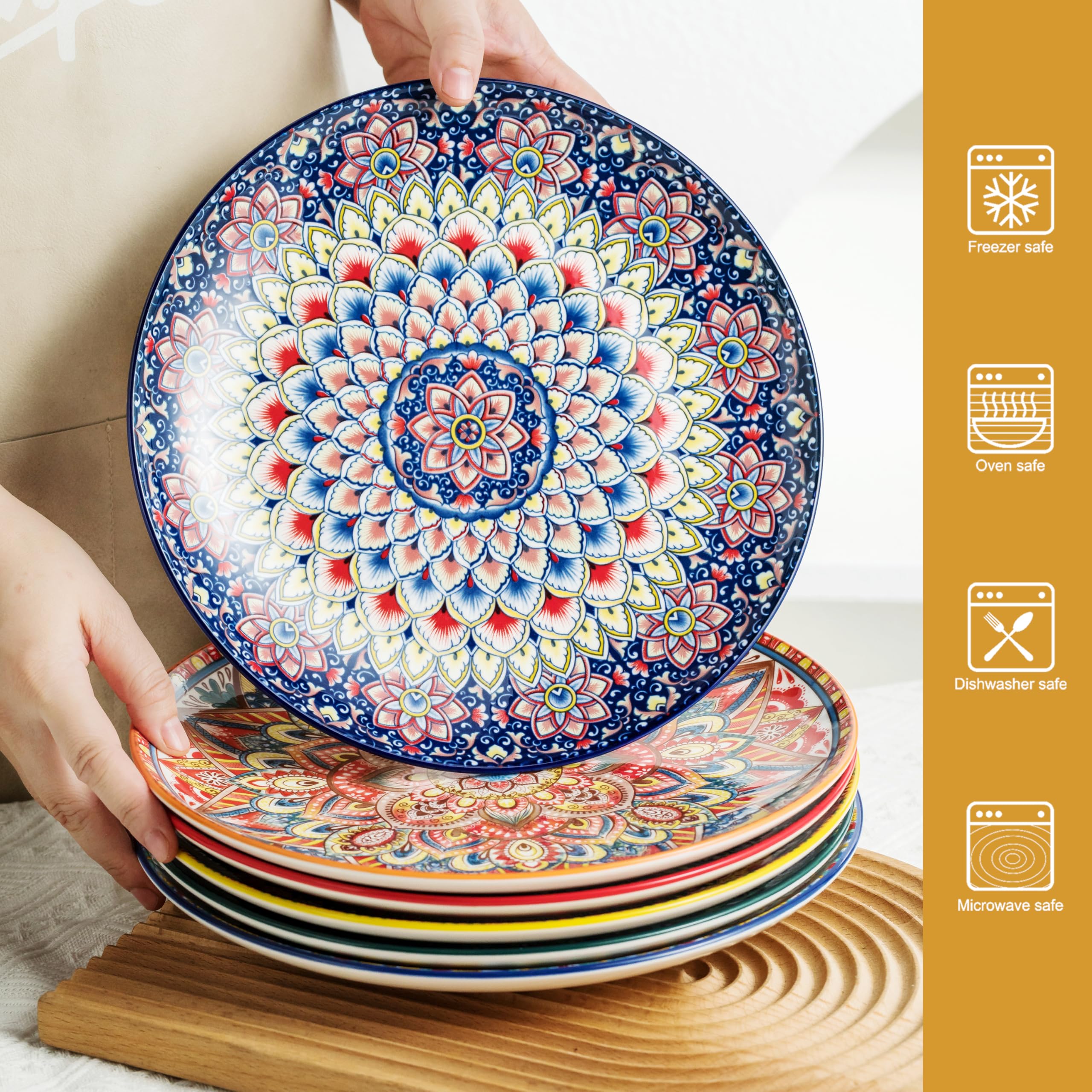 Juego de 6 platos llanos, platos grandes de ensalada de postre de 10.5 pulgadas para pasta, filetes, aperitivos, platos de porcelana colorida para servir cocina y fiesta, vajilla moderna -