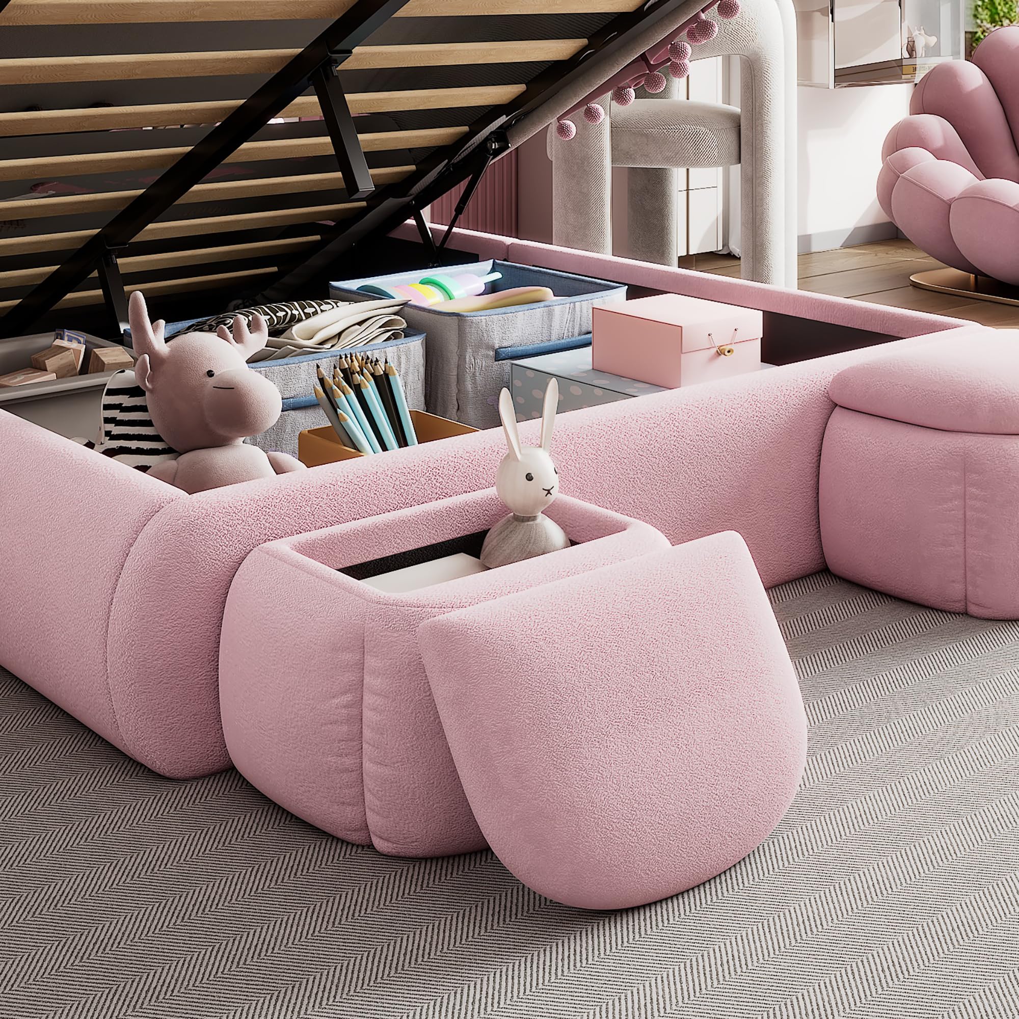 Letto Matrimoniale con Contenitore 140x200 con LED e 2 Sgabelli Contenitore, Letto Una Piazza e Mezza con Testiera e Vano Portaoggetti, Bambini con Rete a Doghe Struttura in Velluto, Rosa