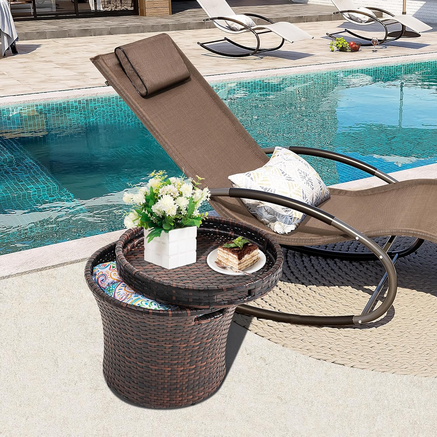 Sundale Outdoor Wicker Side Table with Storage, 20 Inch Small Patio Rattan End Table Accent Tables with Lid, Steel Frame Lightweight Brown