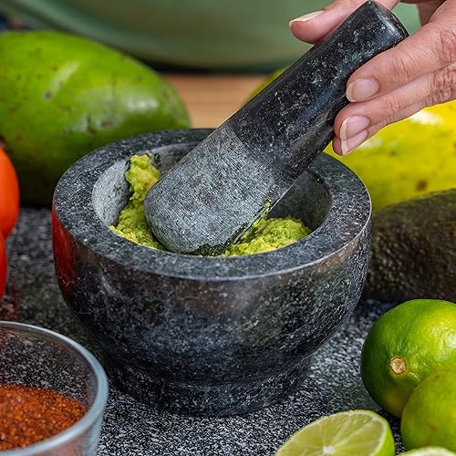 Miniatura 4 de Maxam Juego de mortero y mortero – 5 pulgadas – Molinillo de especias de granito natural pesado, trituradora de hierbas, haz guacamole fresco en casa