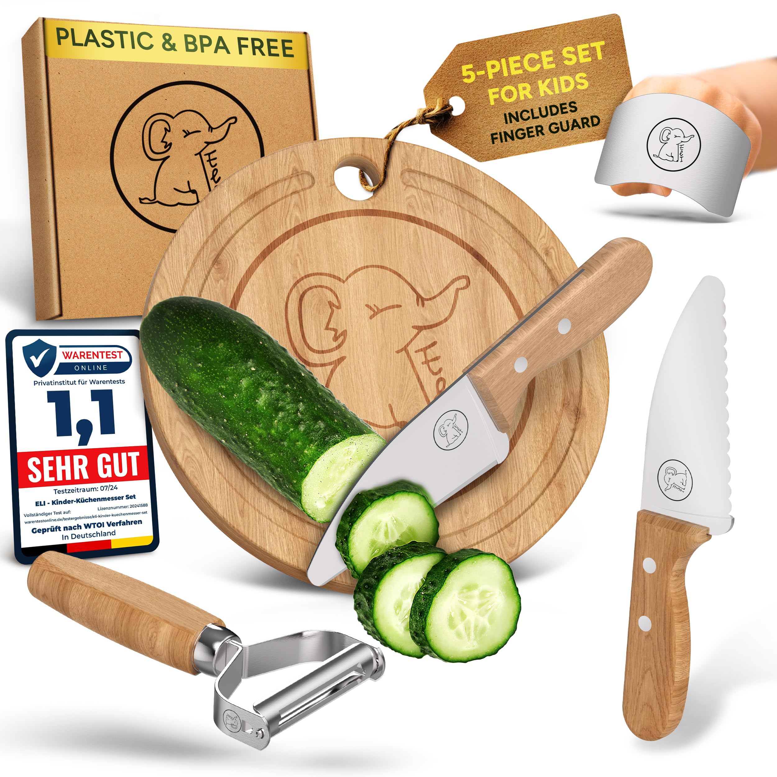 Eli® Cuchillos para niños - juego de cuchillos de cocina para niños seguro y de 5 piezas - incluye protector de dedos - pelador - tabla de cortar - acero inoxidable