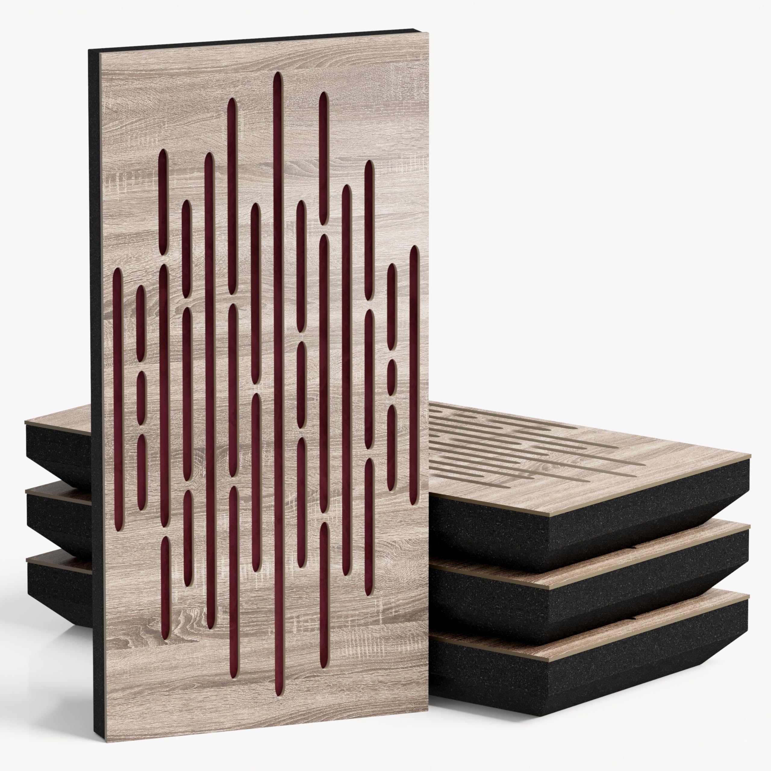 4 sztuki – smukłe panele akustyczne z aksamitnej tkaniny, 50 x 25 cm, dekoracyjna kontrola szumów i redukcja echa, pochłanianie i dyfuzja dźwięku. Kolor: WAVE-F - Sonoma, czerwone wino