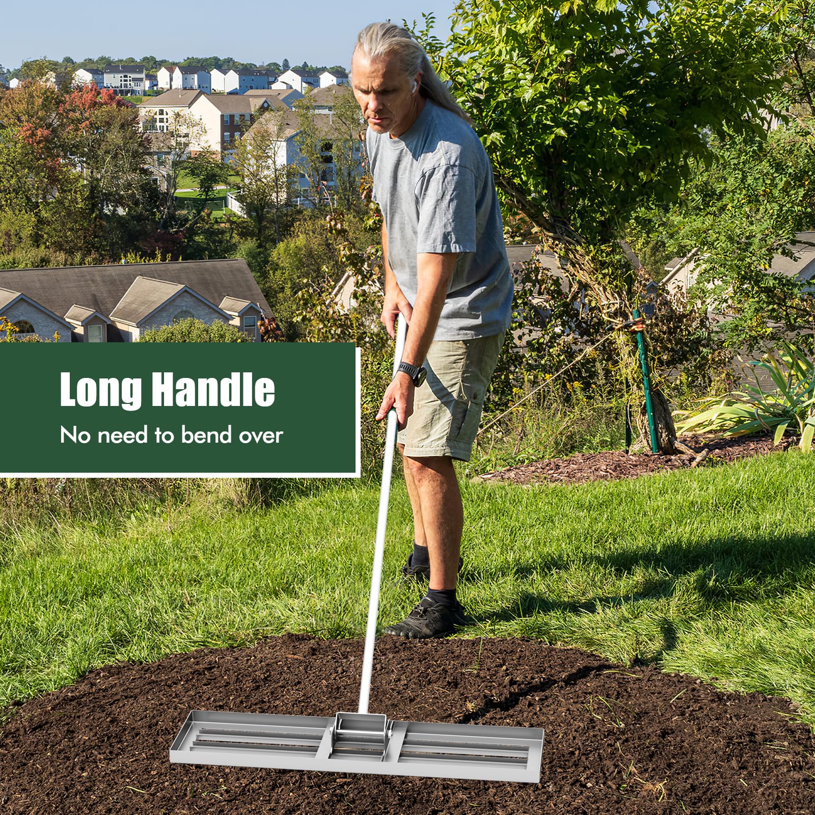 FANTASK Rasen-Nivellierrechen, Rasenrechen Flächenebner Rasenwerkzeug mit ergonomischem Griff, Rasenrakel Metall von Sand Boden, Rechen für Garten, Golf & Hinterhof (Silber, 91 cm x 25 cm)