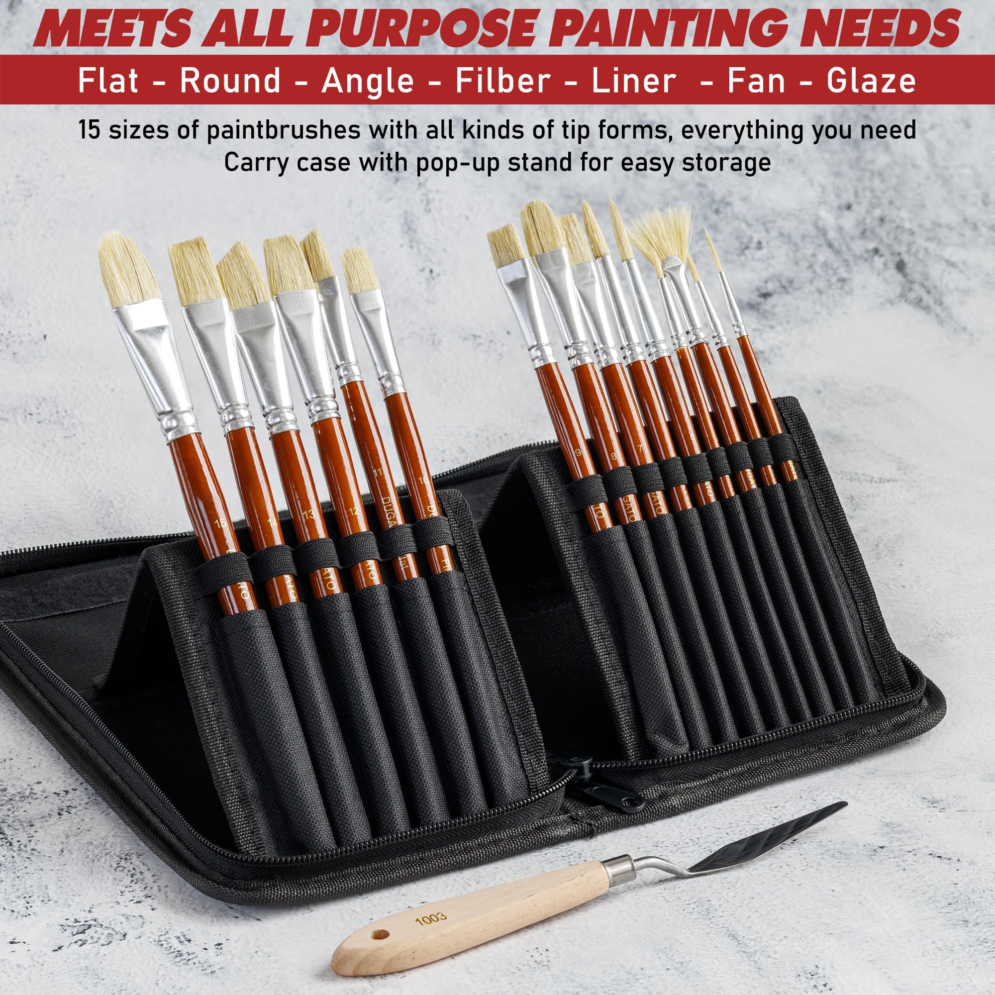 DUGATO - Juego de 15 Pinceles de Pintura al óleo Natural con cerdas de Pelo de Cerdo Blanco Natural, Incluye una Funda de Transporte para Pintura al óleo acrílica, Acuarela y Gouache