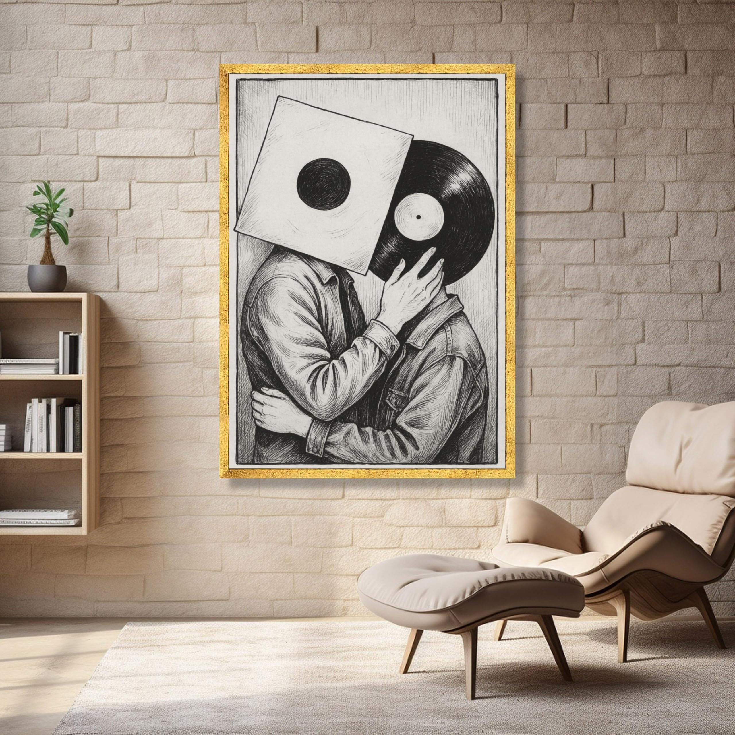 CAOXTART Obraz na płótnie dla miłośników płyt winylowych w stylu vintage muzyka dekoracja ścienna czarno-biała ilustracja retro wystrój domu (60 x 90 cm/wewnętrzna rama)