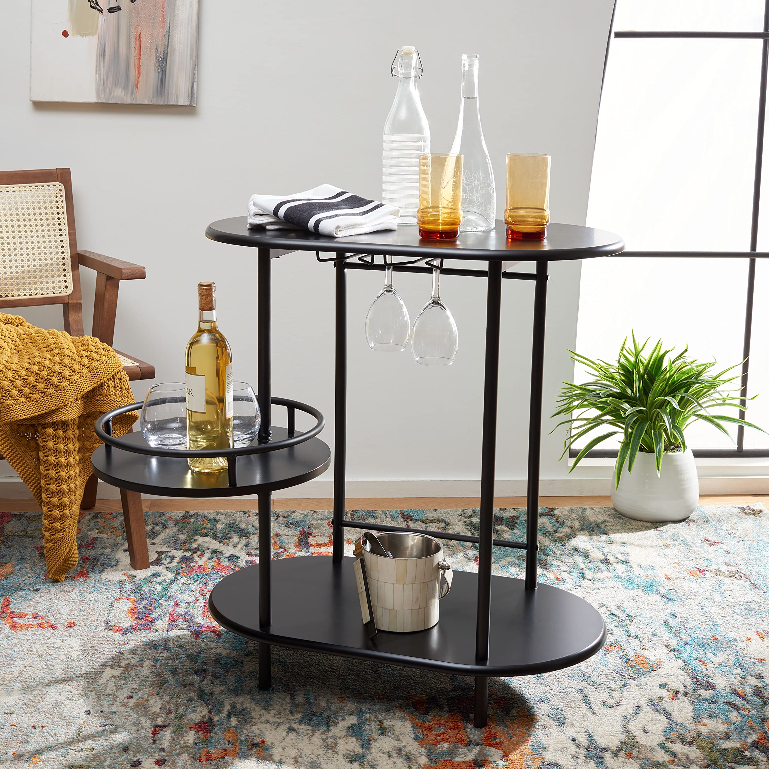 Safavieh Home Collection Iva Matte Black 3-Tier Swivel Stemware Rack Bar Table