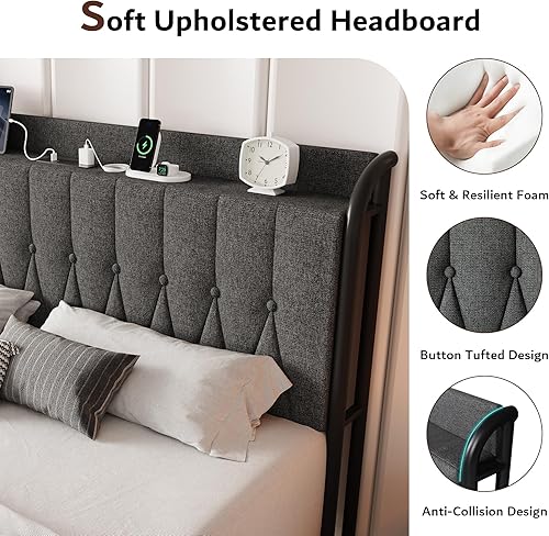 Miniatura 4 de iPormis Base de cama tamaño Queen con puertos USB y tomacorrientes, cabecera tapizada de lino fino, marco de cama de plataforma de metal resistente,