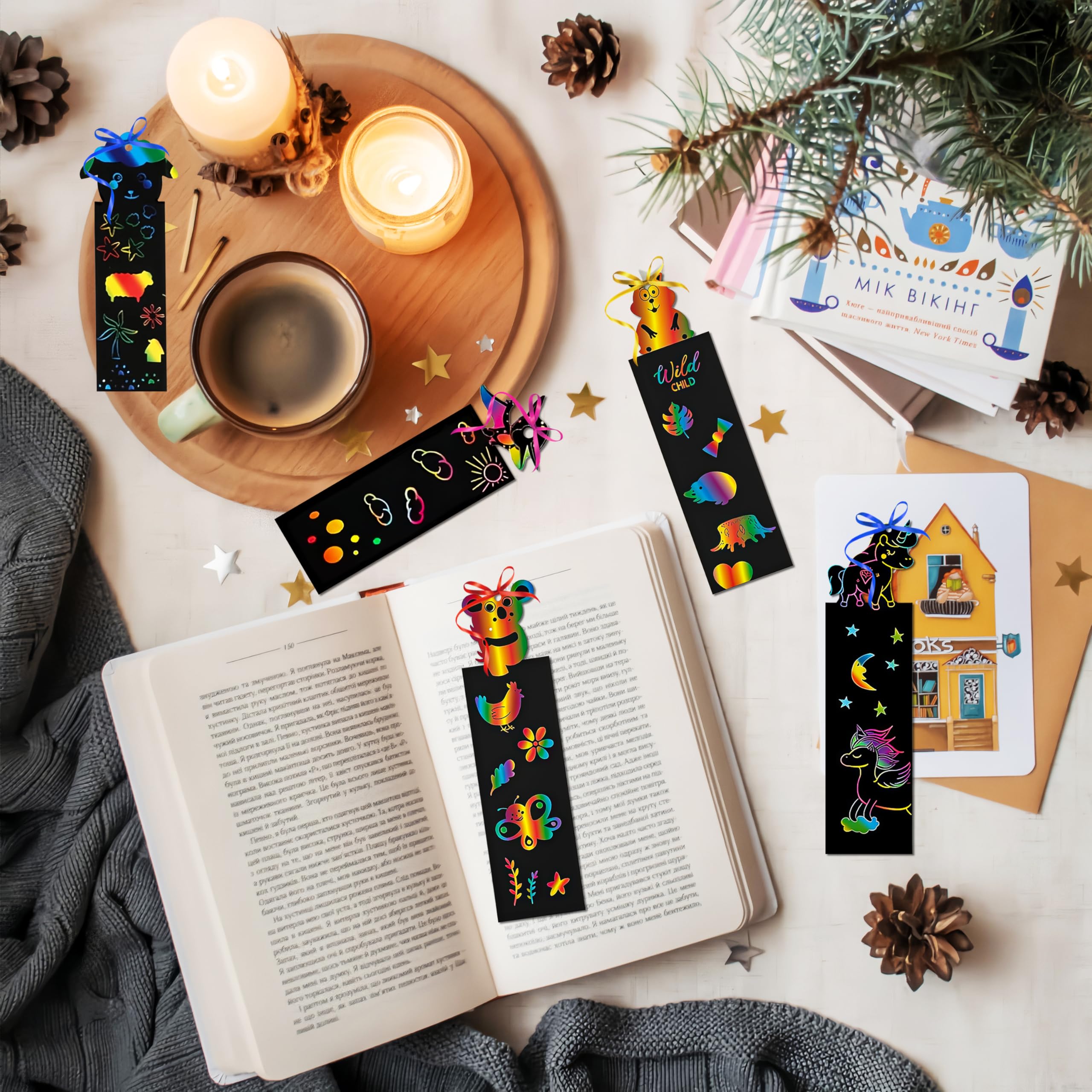 Marcadores de Libros Rainbow 48 Piezas para Rascar con Diseño Animales y Cintas de Raso