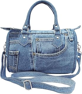 Handmade Upcycled Denim Compact Crossbody Handbag for Women, Lightweight Blue Jean Satchel Purse with Adjustable Strap and Top Handle for Daily Use, Approx. 10 x 8 x 5.5 Inches (Medium-Tone)