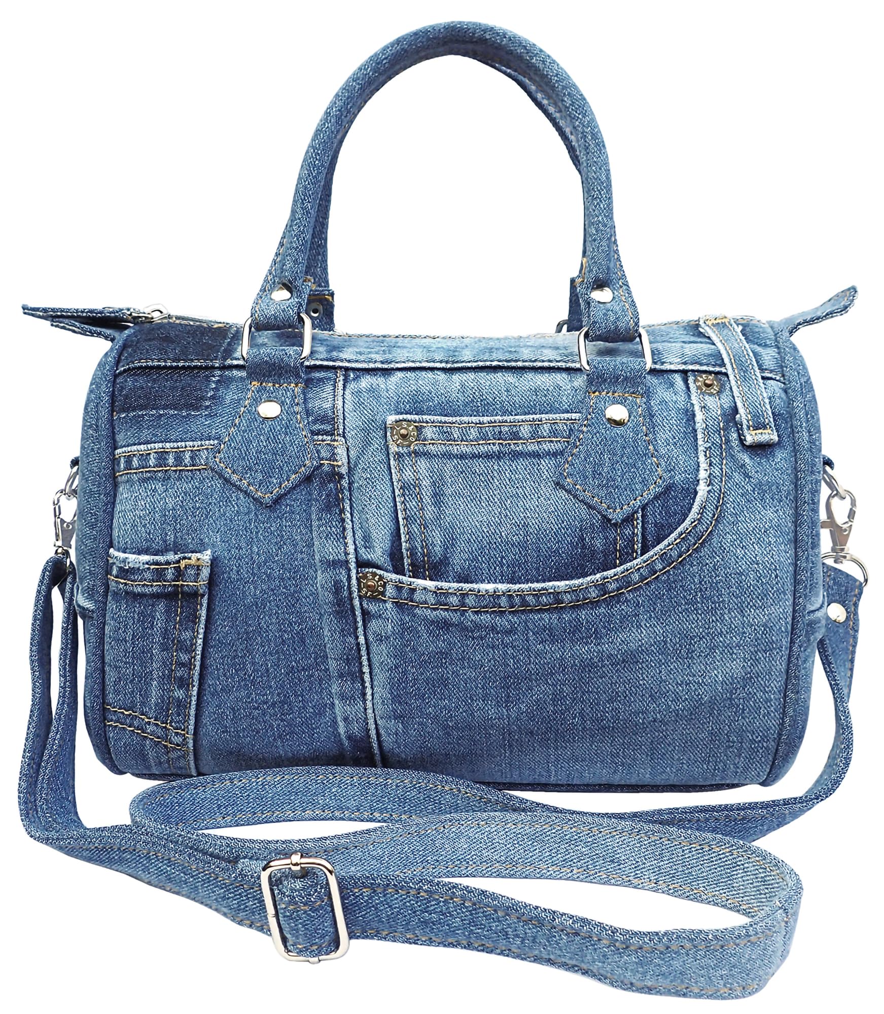 Handmade Upcycled Denim Compact Crossbody Handbag for Women, Lightweight Blue Jean Satchel Purse with Adjustable Strap and Top Handle for Daily Use, Approx. 10 x 8 x 5.5 Inches (Medium-Tone)
