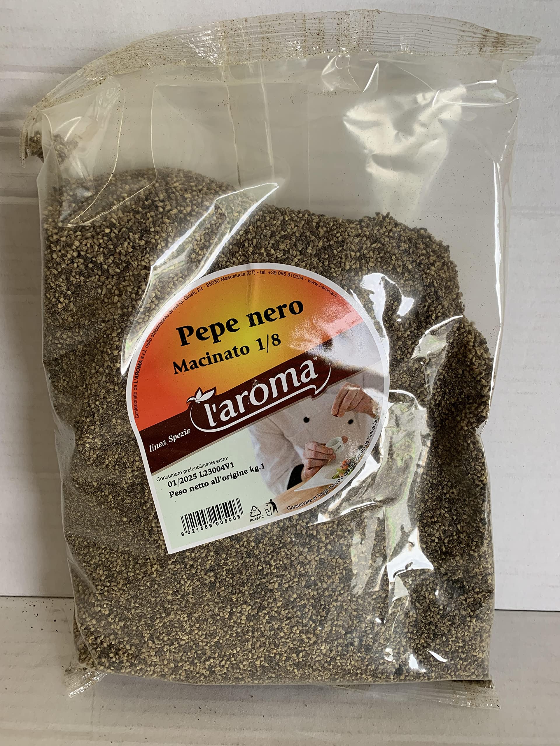 L'AROMA pepe nero macinato 1/8 macinato grosso tellicherry busta da 1kg