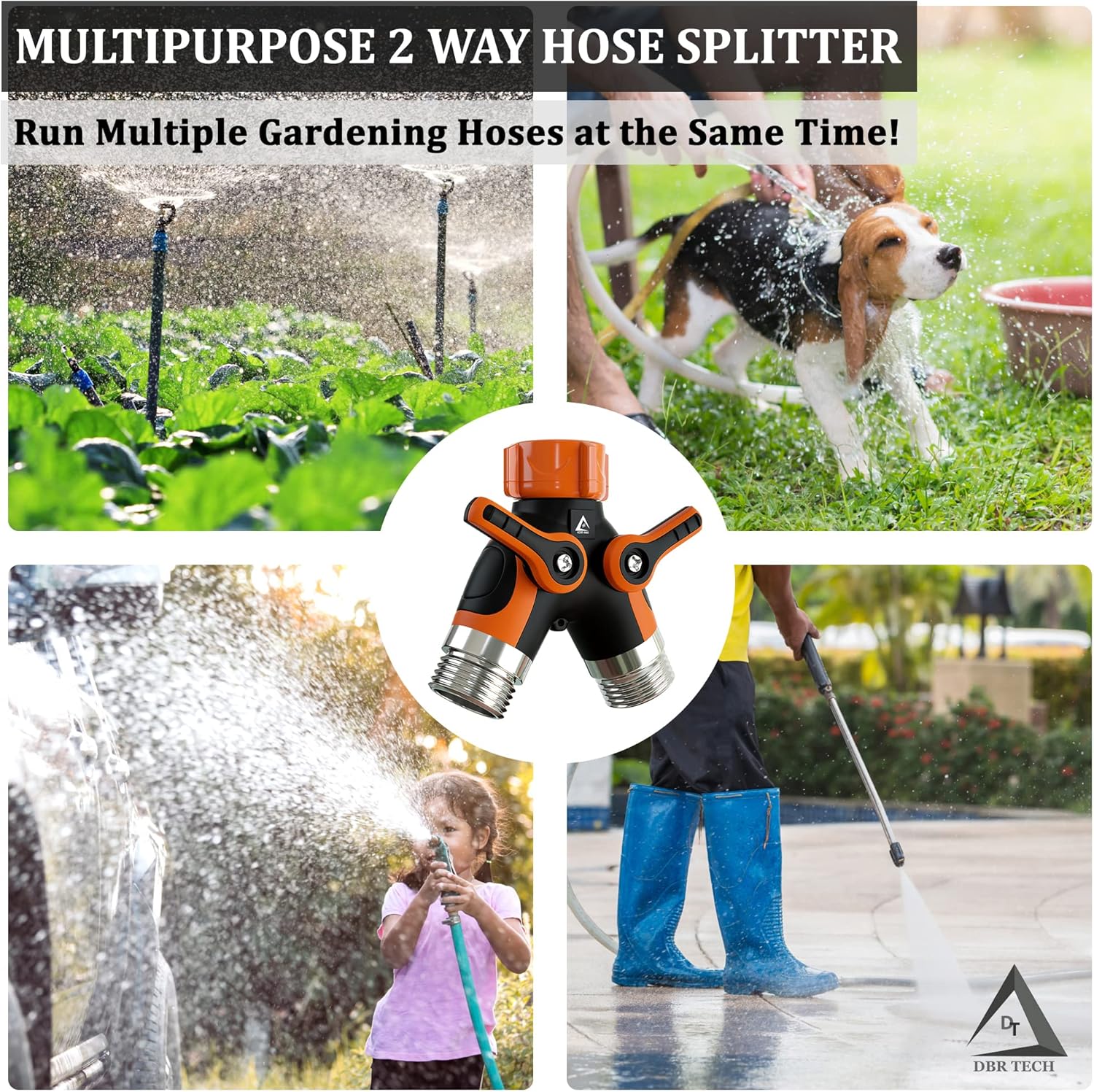 Hose Splitter 2 Way, Heavy Duty Metal Connector, Two Way Garden Hose Splitter, High Flow Spigot Faucet Bib Adapter, Solid Double Y Shut Off Valve for Outdoor Gardening Hoses, Orange : Patio, Lawn & Garden