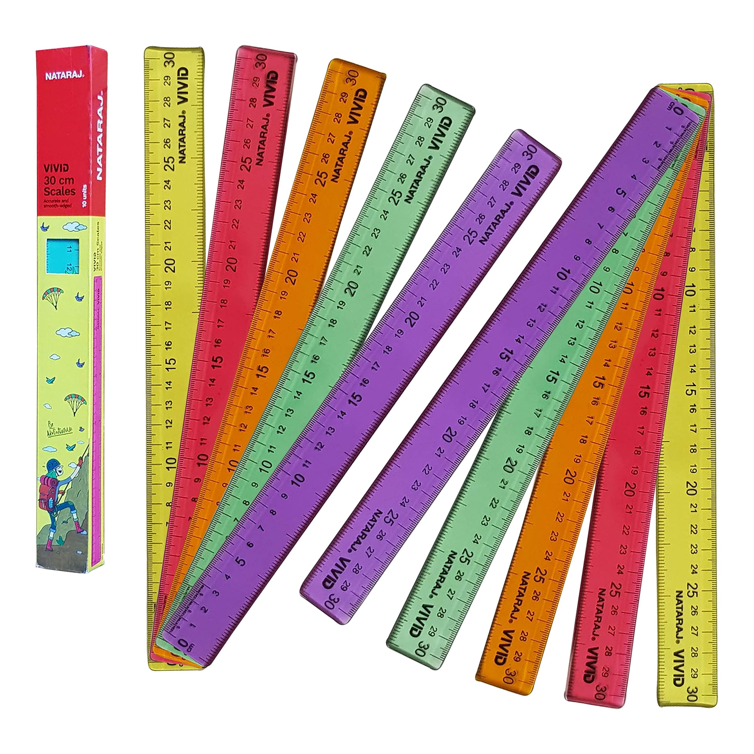 NATARAJ Vivid Coloured Plastic Rulers, 300mm 30cm 12 Inches, Pack of 10, Multipack, Straight Inch Metric Rulers, Classroom School Office Home Rulers