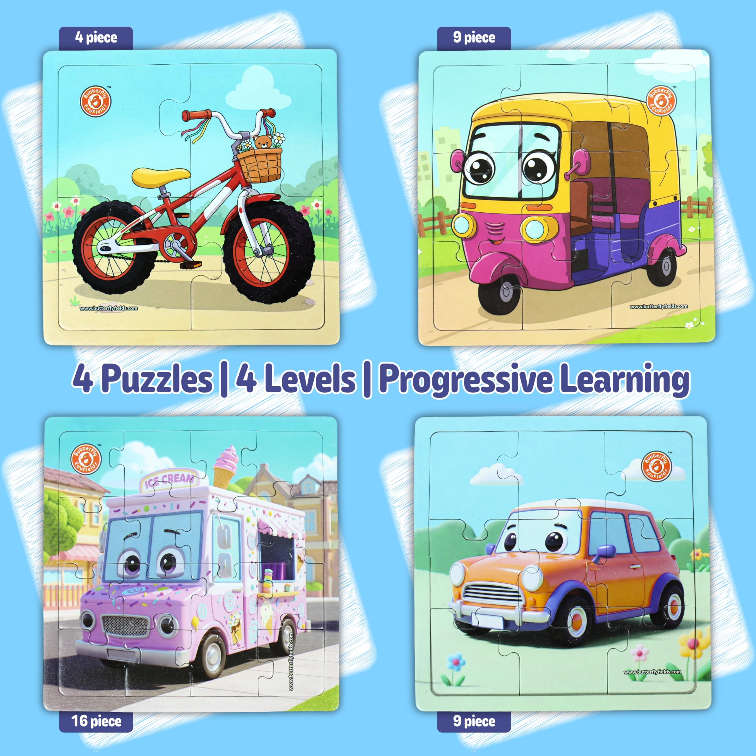 Butterfly EduFields 4-in-1 Vehicles Jigsaw Puzzle Set for Kids Age 3-7 38 Pcs Brain-Boosting Puzzle Toy with Coloring Worksheets for Boys & Girls Preschool Learning - Image 2