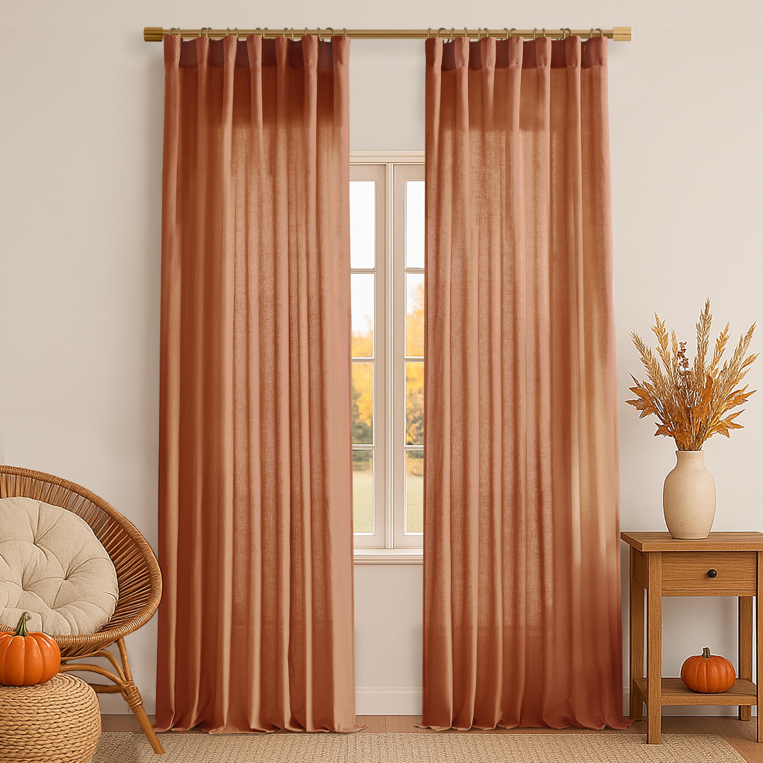 XTMYI Burnt Orange Fall Curtains for Living Room, Boho Autumn Decor Back Tab Hooks Pleated Linen Sheer Curtains 2 Panels 84 Inches Long for Bedroom, Pumpkin Color