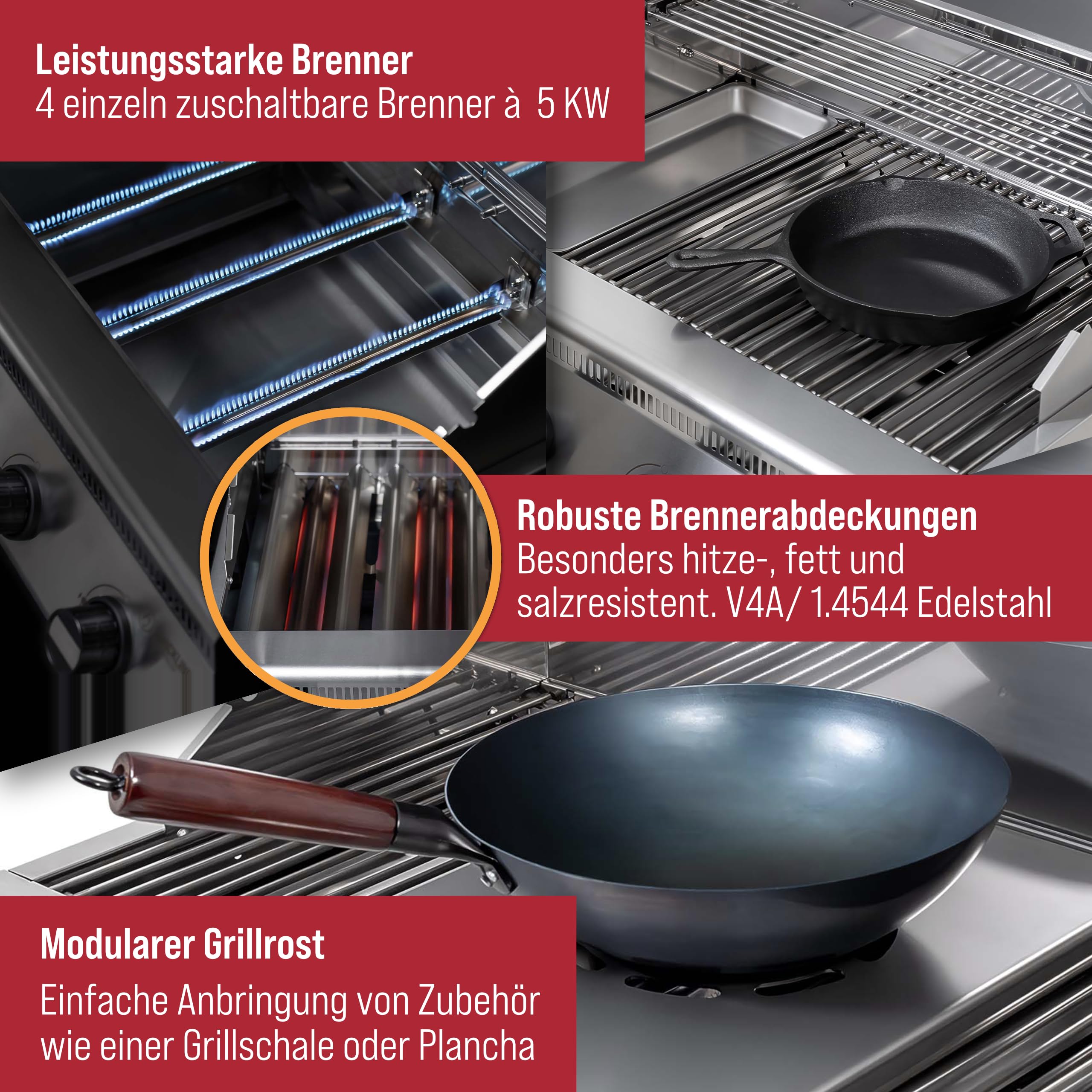 Einbau Gasgrill "Hermann XL - Basic" Einbaugrill für Outdoor Küche Grillküche – Gasgrill 100% aus Edelstahl – Fettwanne mit Frontauszug – 4x5kW Brenner – Made in Germany – Direkt vom Hersteller