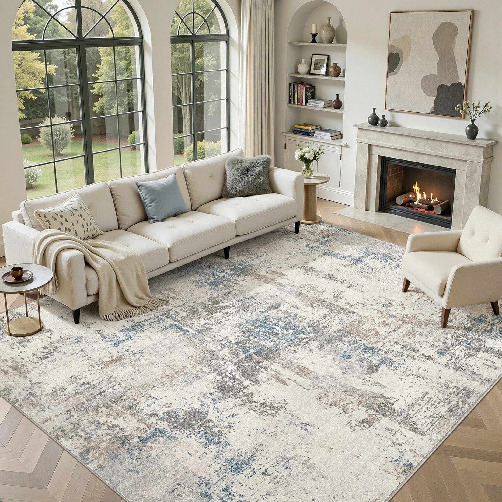 DMOYEST Washable Rugs Living Room 300x400cm - Large Abstract Neutral Modern Soft Non Slip Low Pile Kid Pet Friendly Carpet for Bedroom Dining Home Office - Beige/Blue/Brown — image 1
