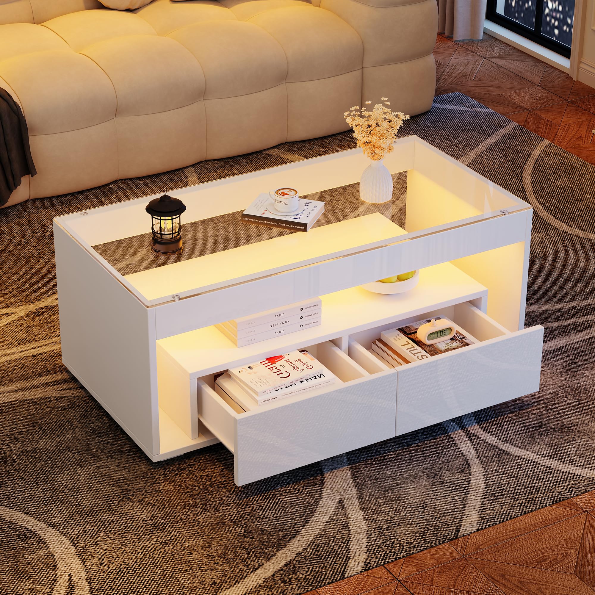 Coolfish High Gloss Coffee Table w/Open Storage, LED Lights, Centre Table w/Glass Tabletop, Sofa Side Table w/ 2 Drawers, Coffee End Table w/LED for Living Room Office 100 x 50 x 40 cm White