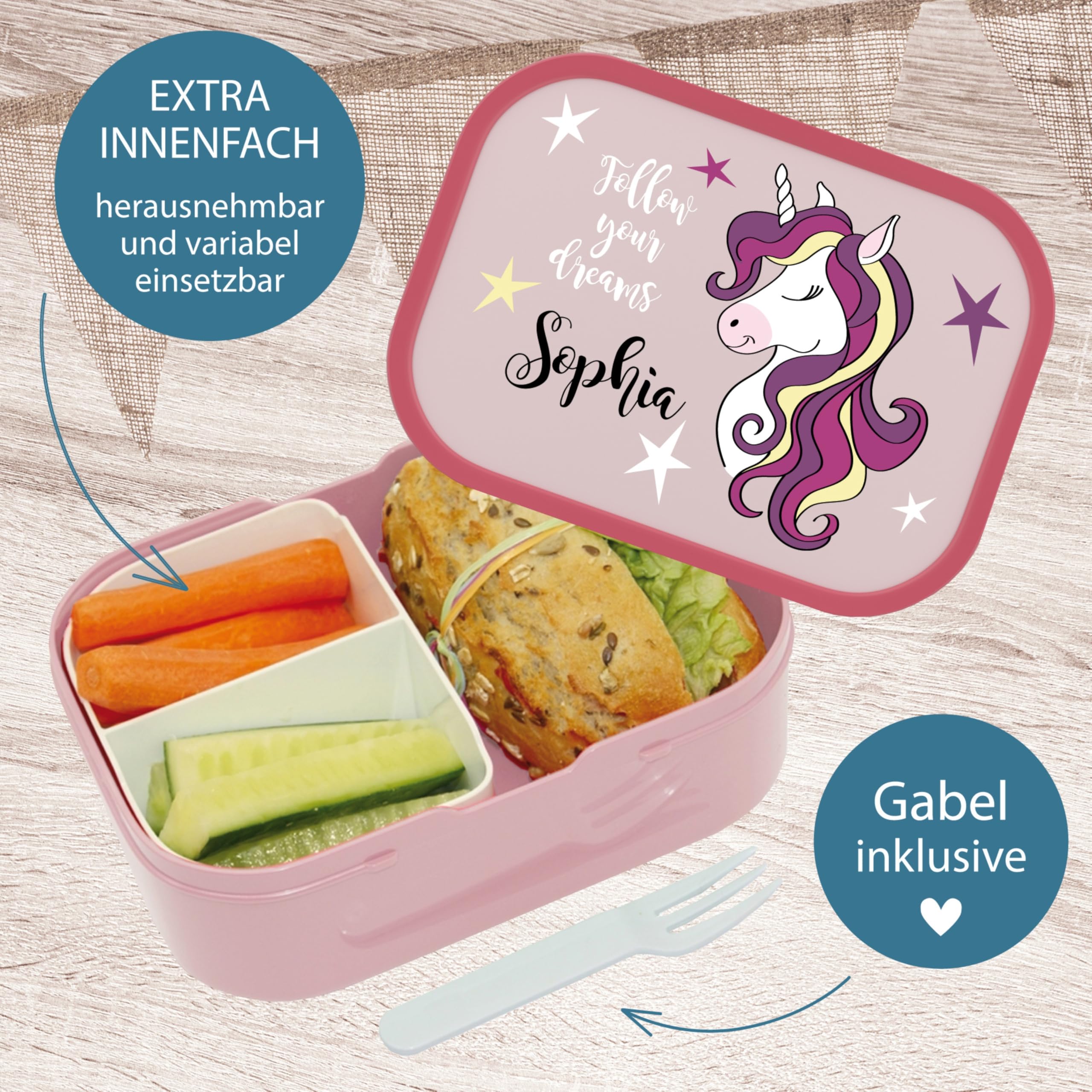 4youDesign Mepal Bento Box & Trinkflasche Set personalisiert follow you dreams (Cool Pink) – Geschenk für Kinder Weihnachten, Nikolaus, Geburtstag – Auslaufsicher – Brotdose 750ml, 400 ml Flasche