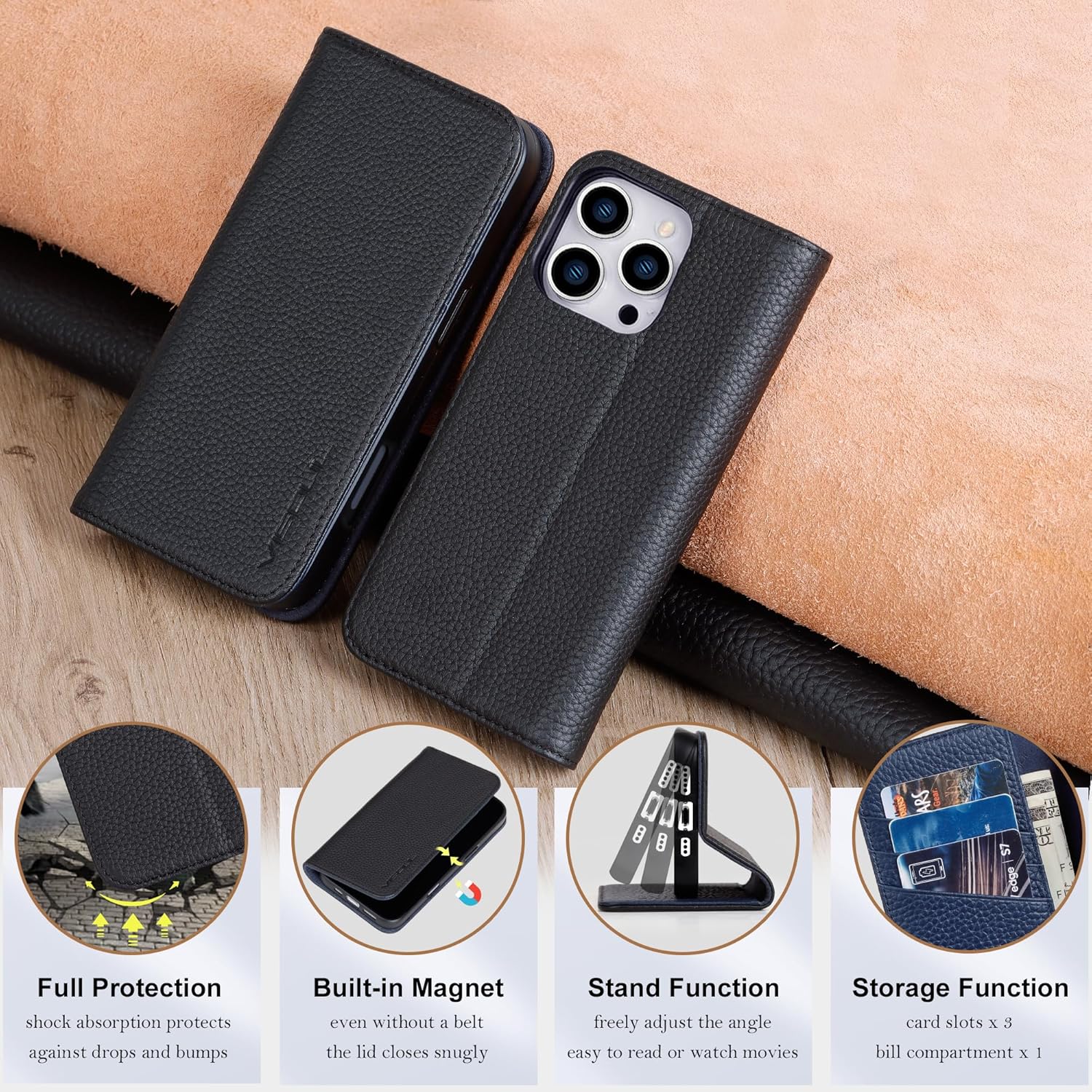 VISOUL Pebbled Real Leather Wallet Case for iPhone 16 Pro with Card Holders and Kickstand - Shockproof Folio Case - Black+Blue