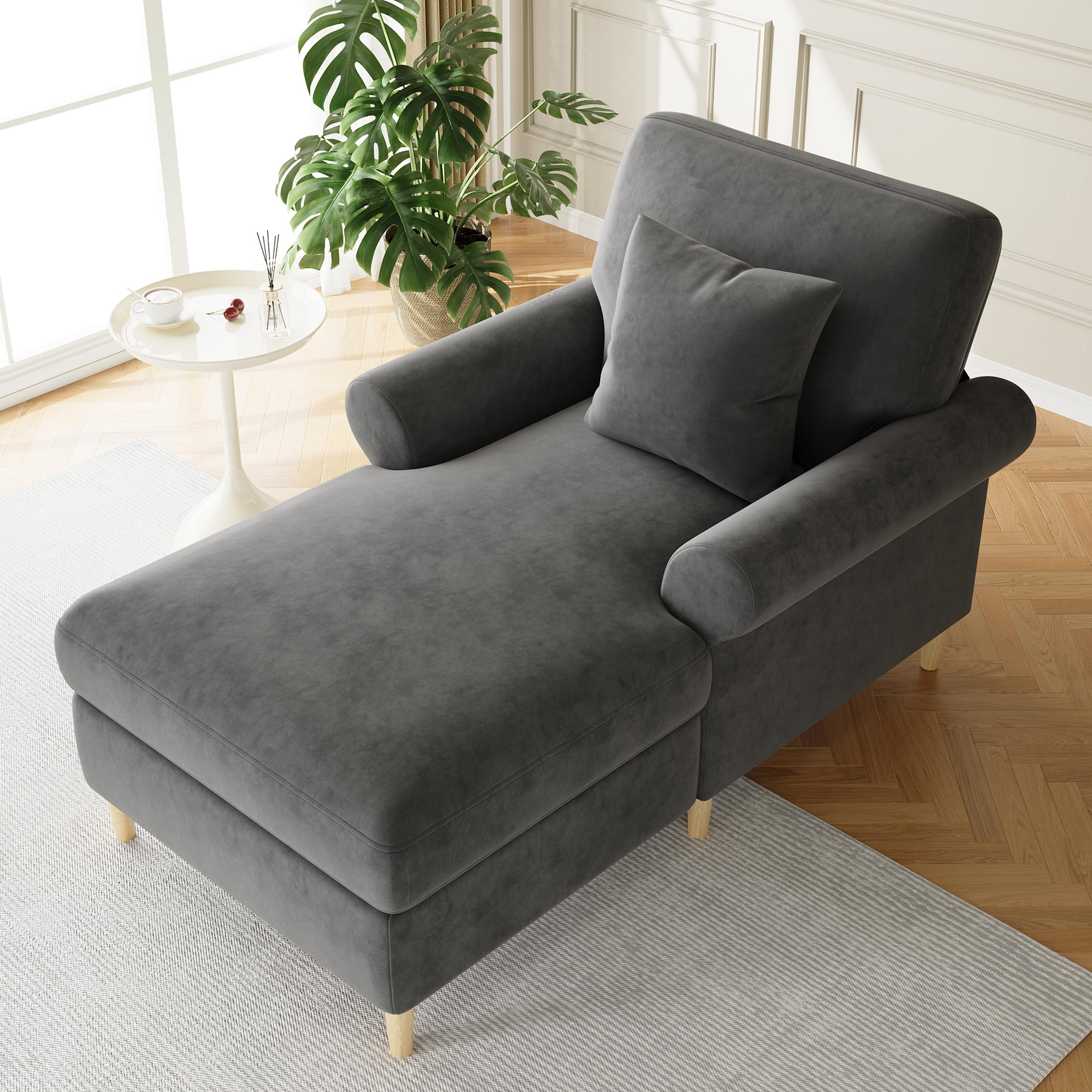 Zepneiy - Sofá de 1 plazas con acolchado y chaise longue plegable cómodo, puf para salón y dormitorio, terciopelo gris