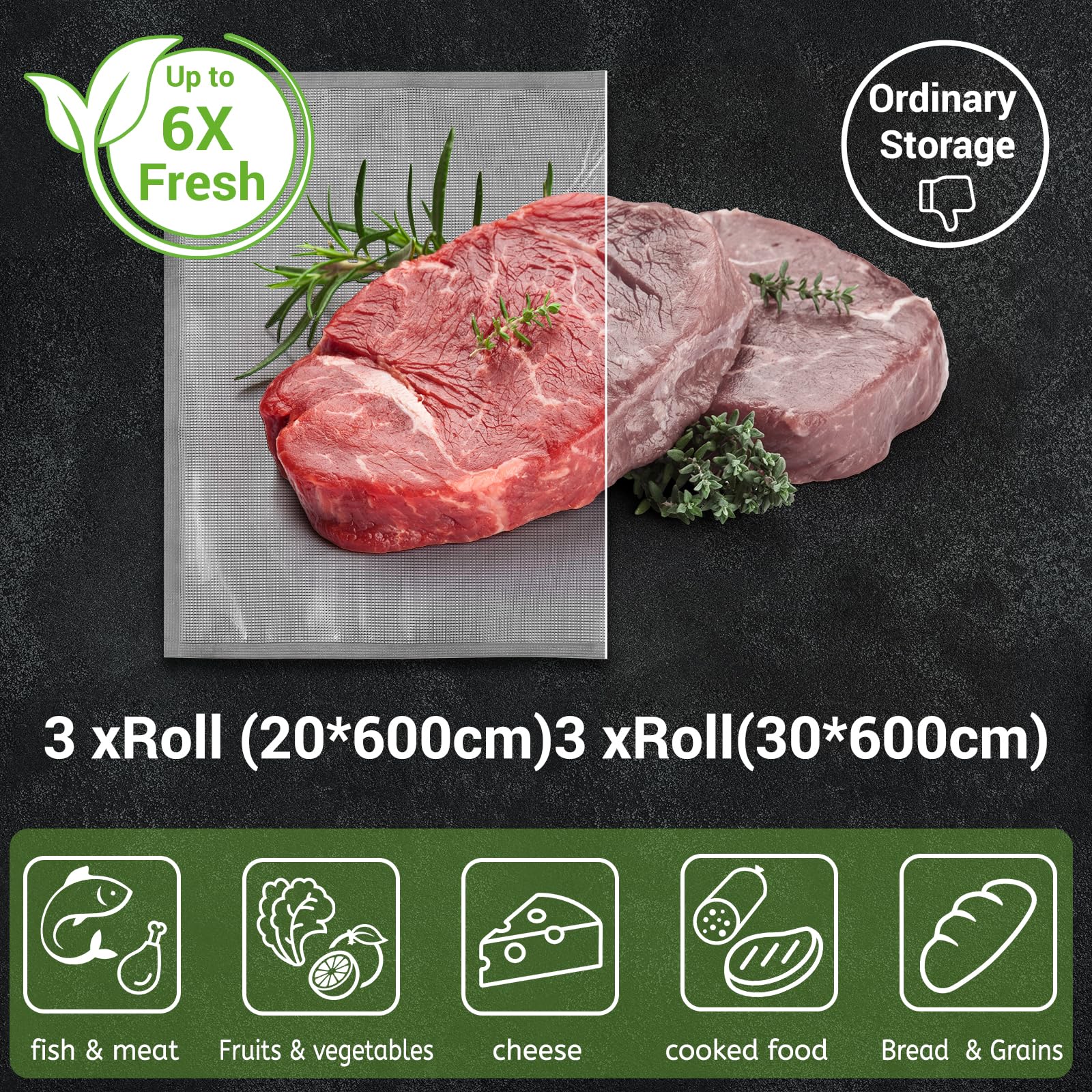 Sacchetti per Sottovuoto, 6 Rotoli 20/30x600cm (36m) Termosigillabile Buste Sottovuoto Alimenti per Macchina e cottura Sous Vide Senza BPA