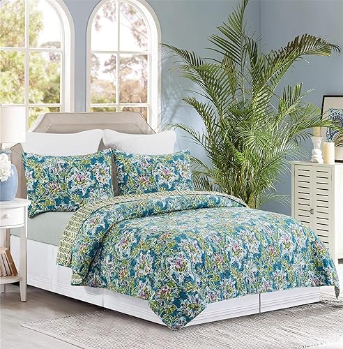 Miniatura 5 de C&F Home Juego de edredón reversible de 3 piezas de algodón, lavable a máquina, color violeta, morado, azul y verde, diseño de espiga, color azul