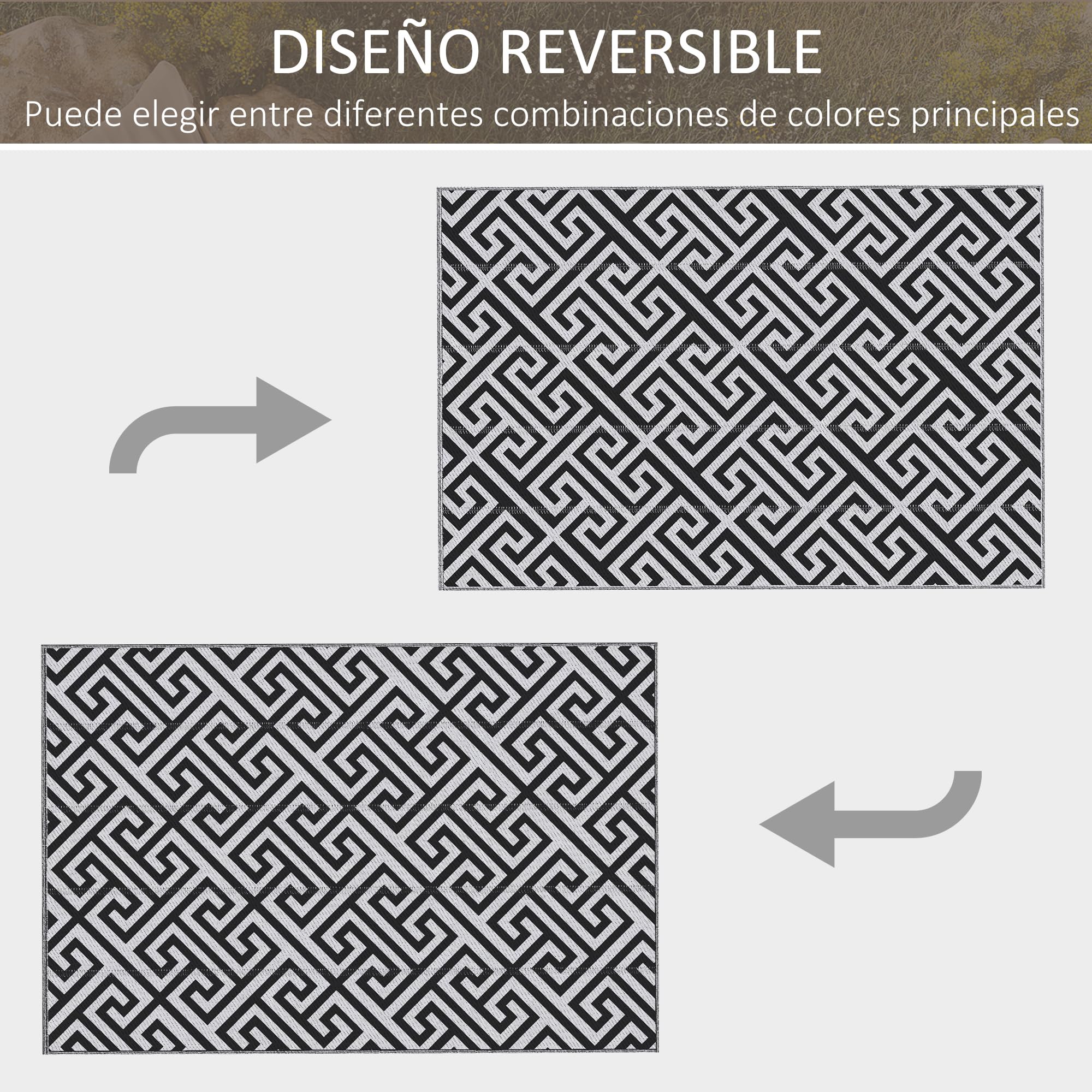 Outsunny Alfombra de Exterior 182x274 cm Alfombra Reversible con Patrón Geométrico Impermeable para Terraza Balcón Patio Camping Playa Blanco y Negro