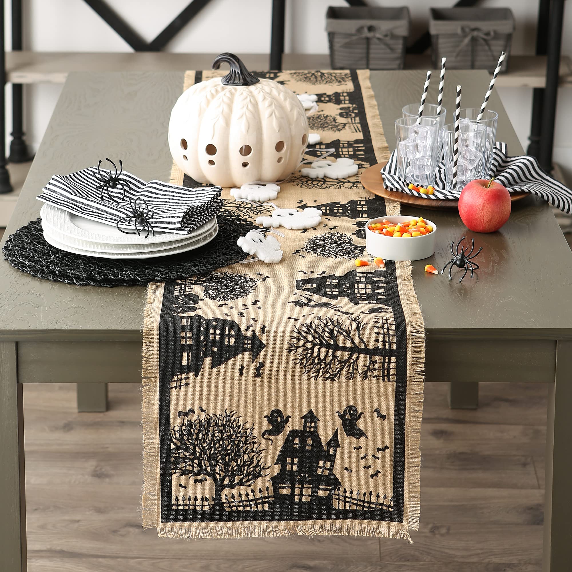 DII Halloween Jute/Burlap Tabletop Decoration Spooky Primitive Style, Table Runner, 14x113, Haunted House - Image 4