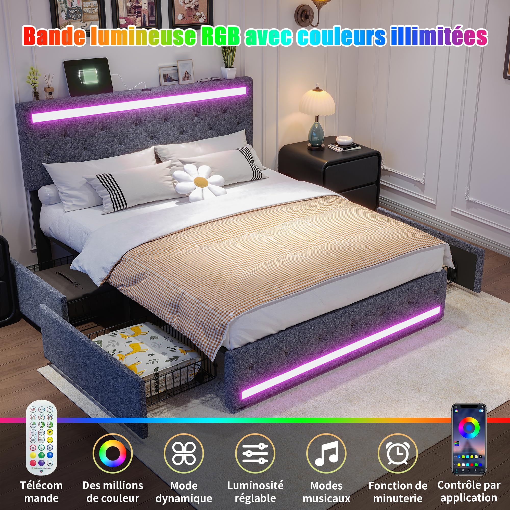 Letto matrimoniale rivestito 140 x 190 cm con 4 cassetti e stazione di ricarica USB, illuminazione a LED, telaio letto matrimoniale con rete e testiera (grigio scuro-B, 140 x 190 cm)