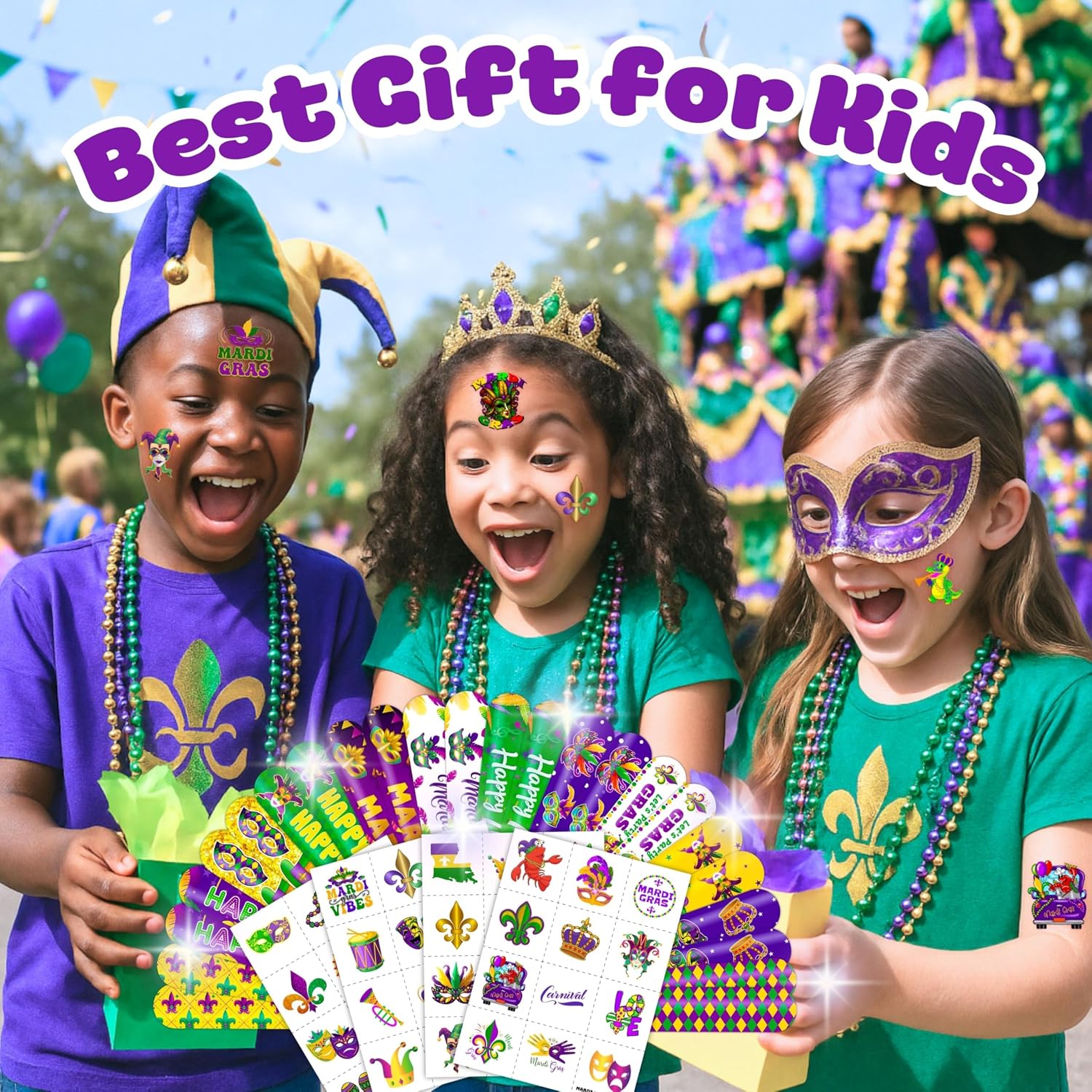 72PCS Happy Mardi Gras Party Favors Decorations, Tattoos & Slap Bracelets image 4