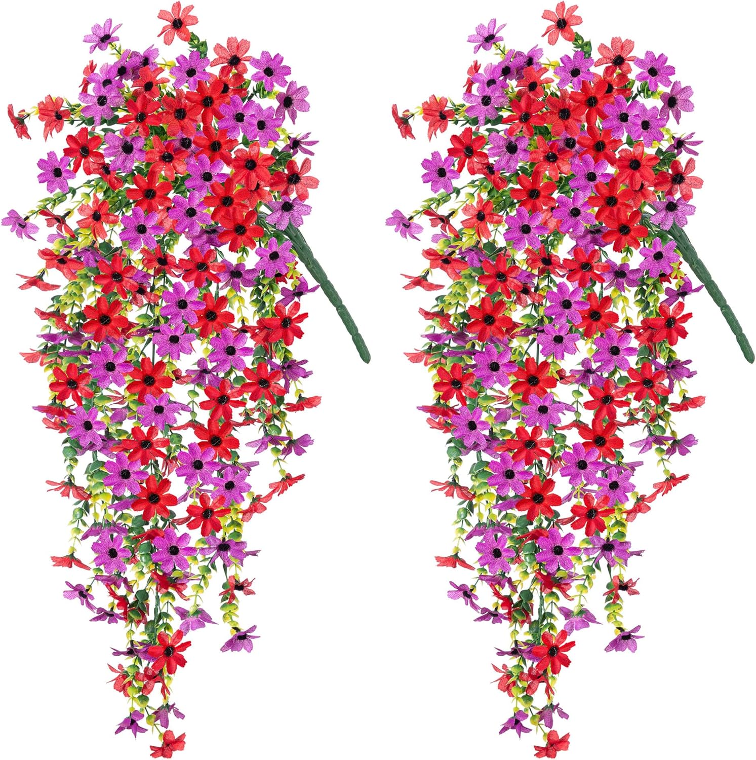 Fake Artificial Hanging Flowers for Outdoors Fake Plants Decoration, 2 Bundles Faux Silk Colorful Daisy Eucalyptus Realistic UV Resistant for Outside Home Planter Porch Patio Yard Decor(Purple Red) - Image 5