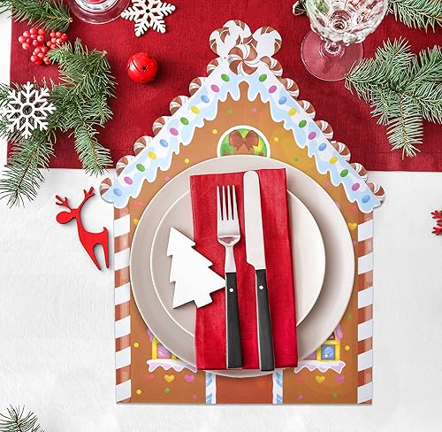 Miniatura 4 de 50 manteles individuales desechables de papel de Navidad con forma de casa de jengibre, diseño de bastón de caramelo, 11.4 x 14.4 pulgadas, para