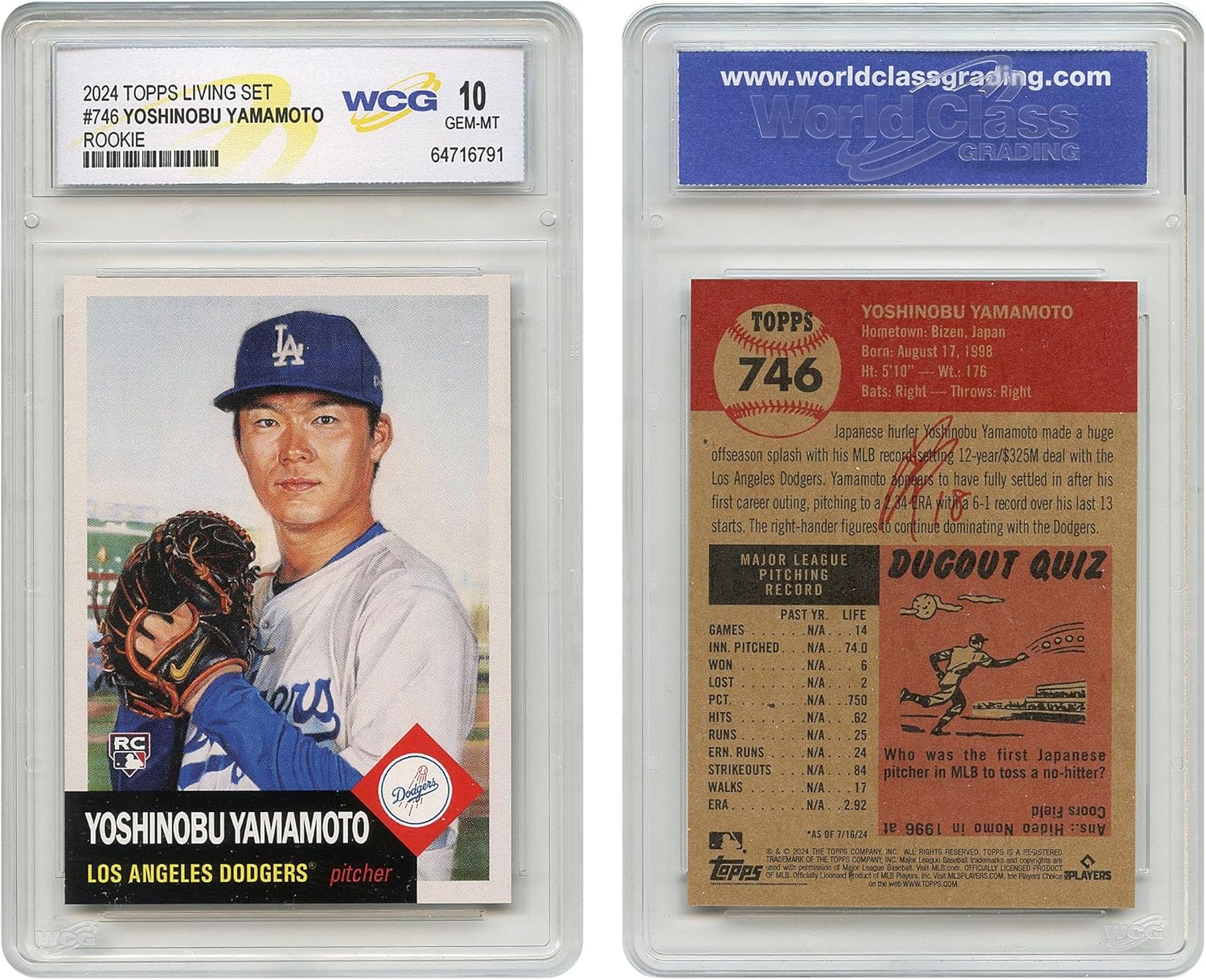 2024 Official Topps Living YOSHINOBU Yamamoto Rookie Card Los Angeles Dodgers #746 - Graded Gem-Mint 10