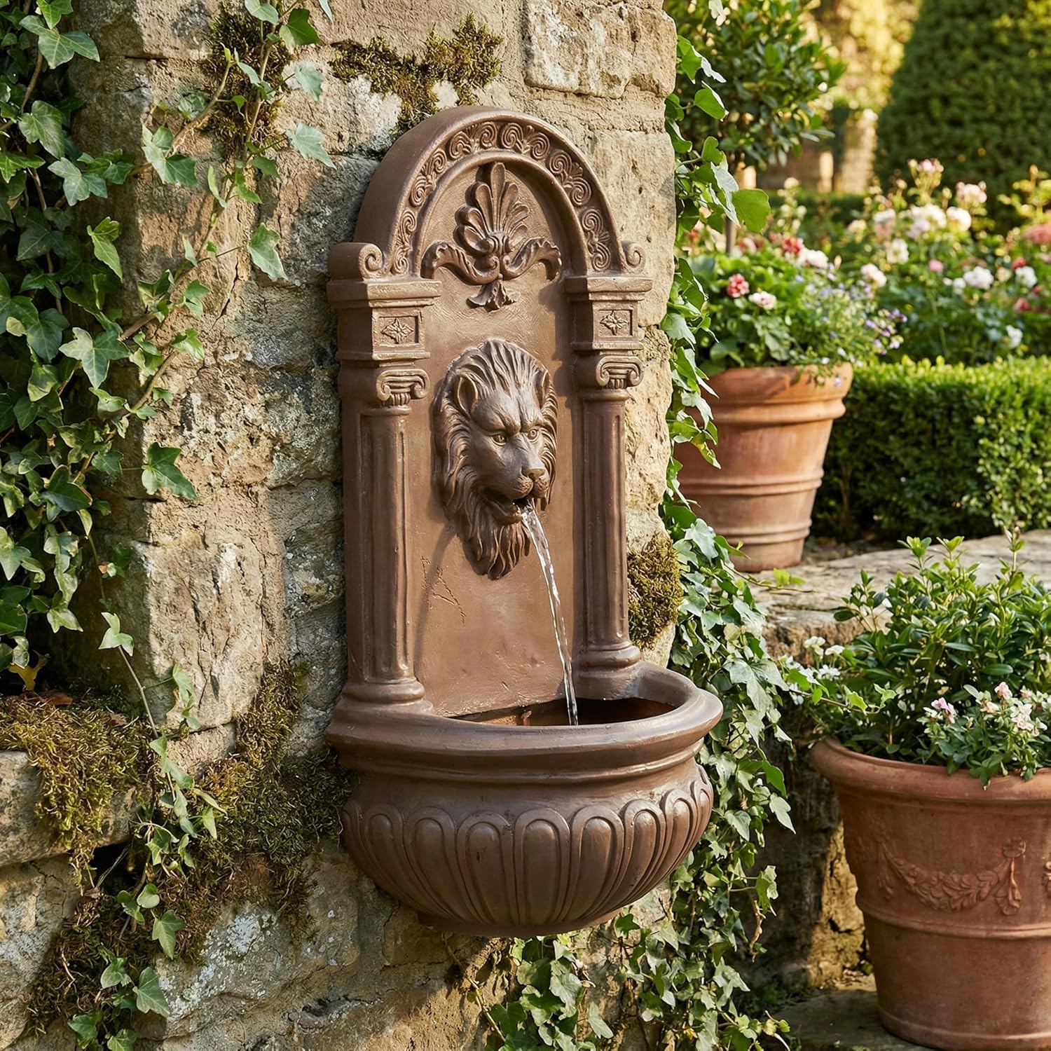 Aged Claystone Lion Head Wall Fountain – Classic Tuscan Outdoor Decor, Antique Brown Finish