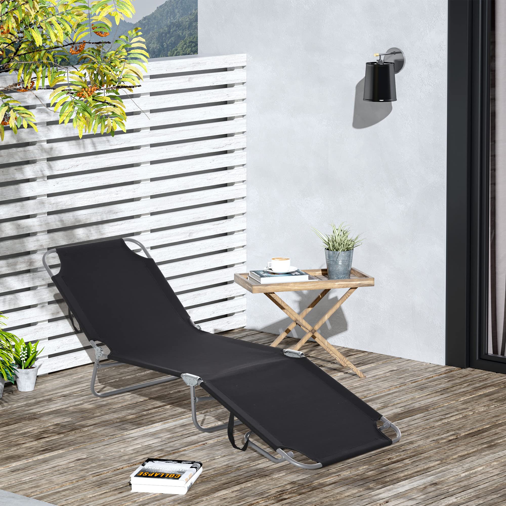 Outsunny Tumbona Plegable Tumbona Jardín Exterior con Respaldo Ajustable en 5 Posiciones y Estructura Metálica Carga 120 kg para Terraza Piscina Playa 187x55x24 cm Negro