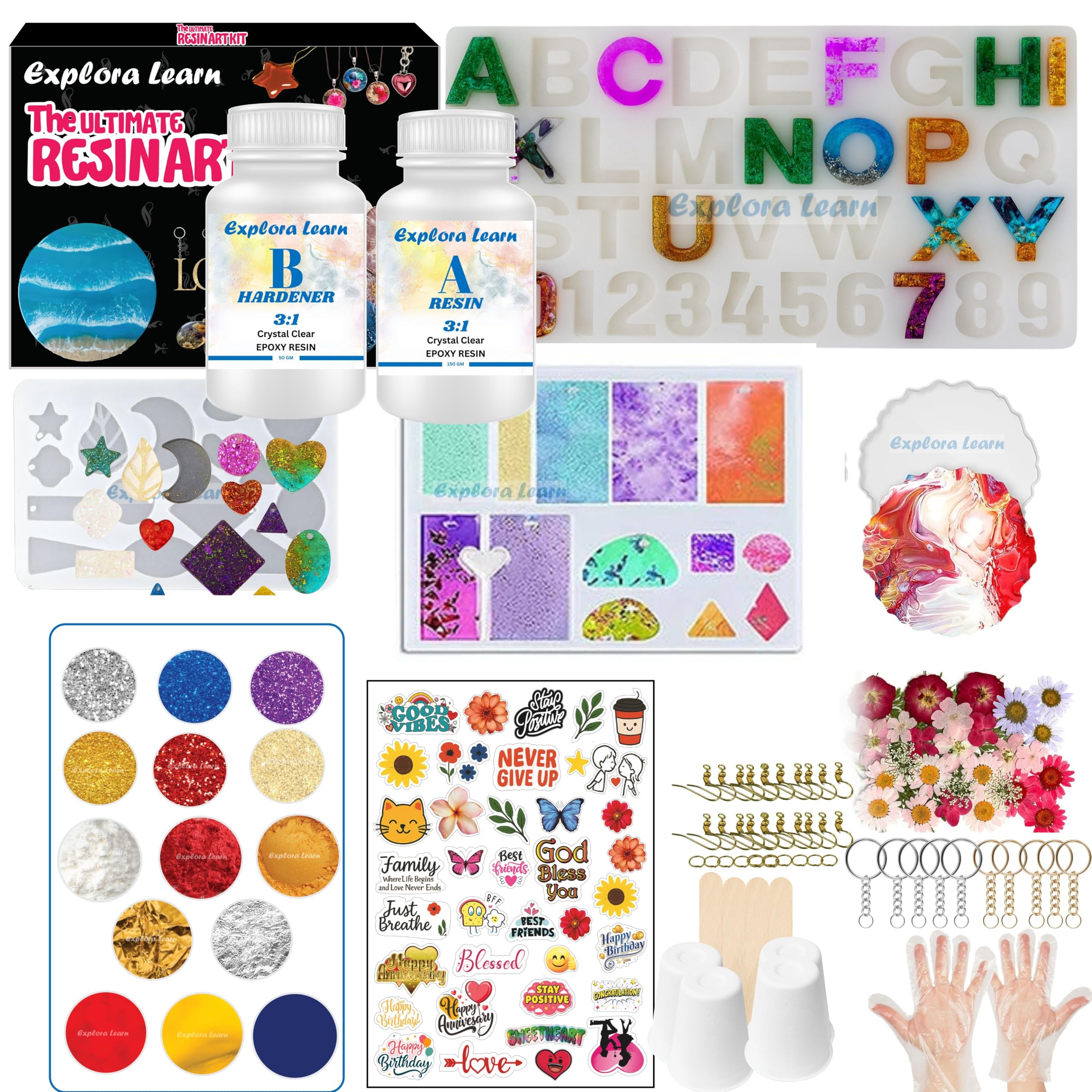 Exploralearn Ultimate Max Resin Art Kit – DIY Alphabet, Earring, Keychain, Coaster with 200 gm Epoxy Resin, Silicone Moulds, Dry Flowers & Stickers – Complete Resin Art Materials with Mica, Glitters, Pigments & Flakes | Multicolor