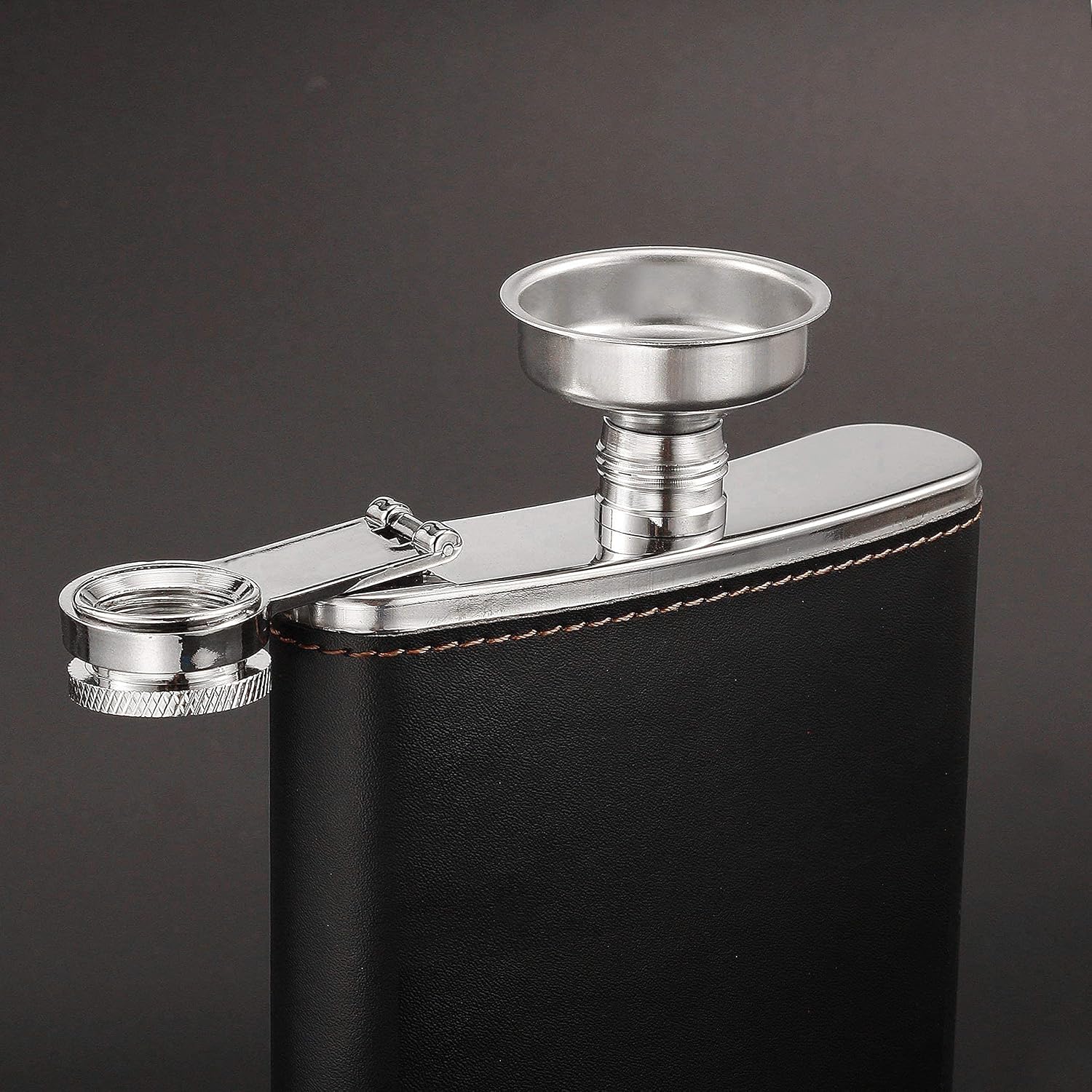 GENNISSY Black Hip Flask Gift Sets, Flasks for Liquor for Men Gift Box, 304 18/8 Stainless Steel 9oz Leather Flask with Funnel and 4 with Shot Glasses