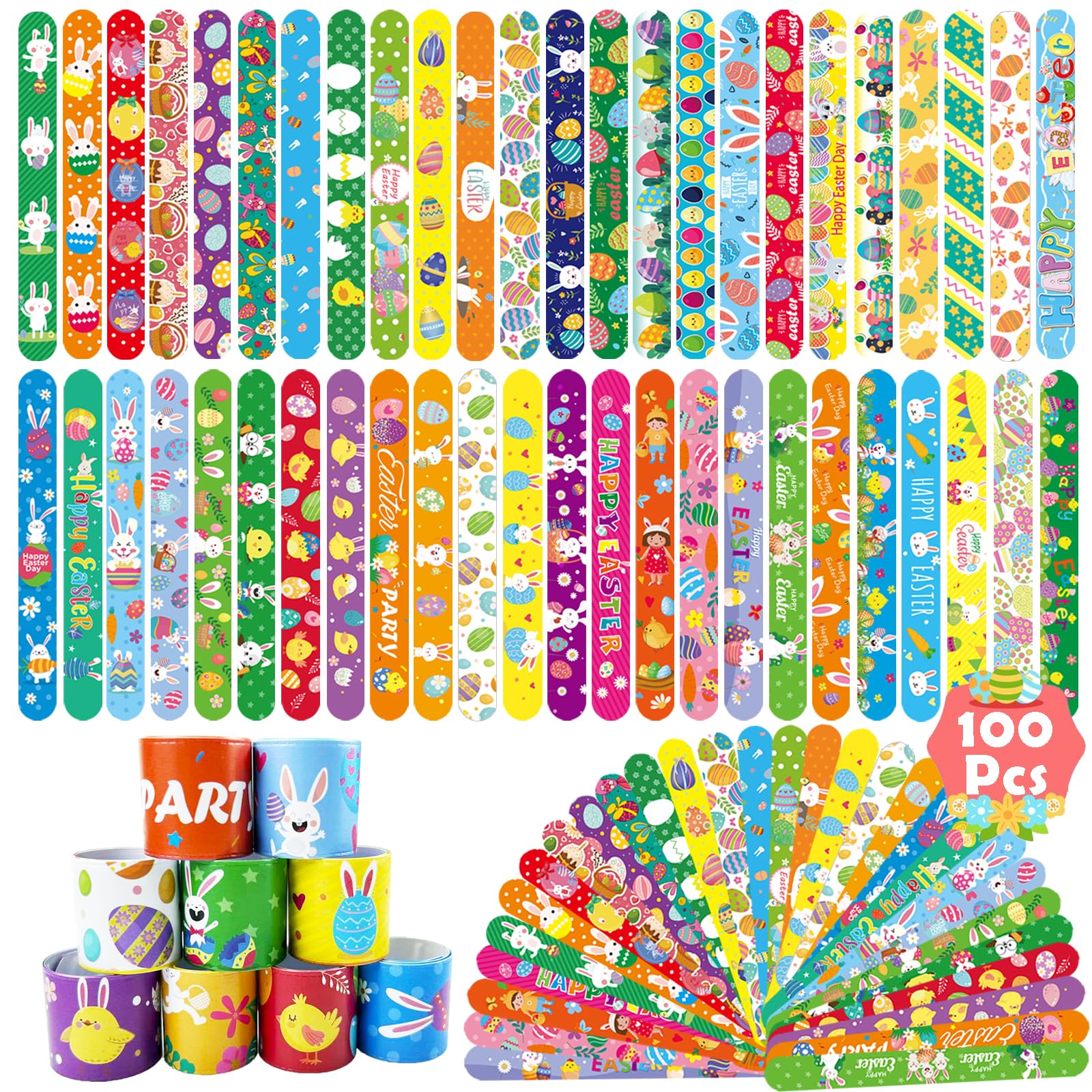SUNPROUND 100Pcs Easter Slap Bracelets, Easter Basket Stuffers Party Favors Snap Wristbands for Kids Egg Fillers Gifts Exchange Gifts, Egg Hunt Event, Classroom Prizes, School Supplies