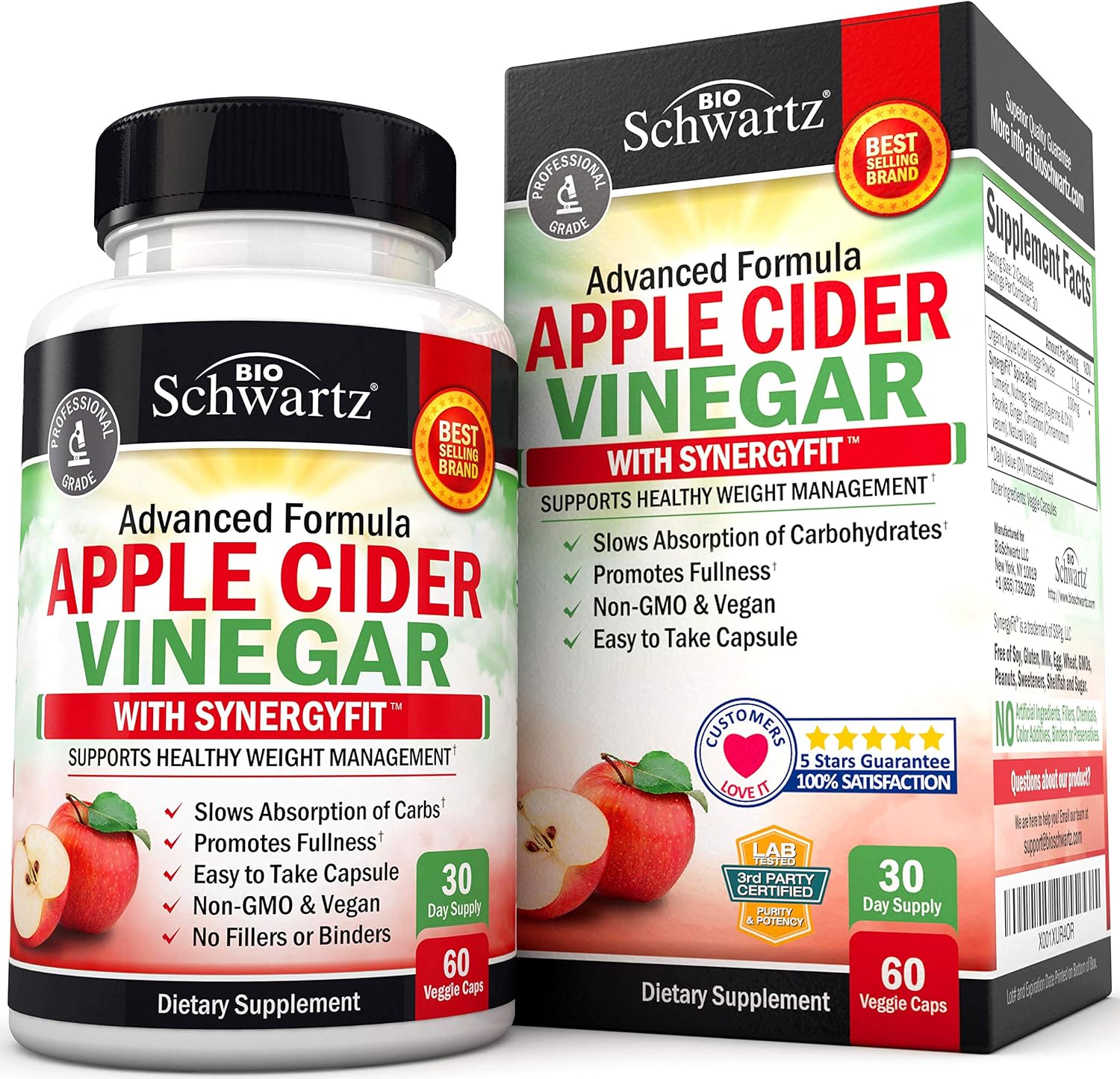 BioSchwartz Organic Apple Cider Vinegar Capsules- Natural Weight Loss Management & Appetite Suppressant with SynergyFit Spice Blend - Digestion Support & Bloating Relief