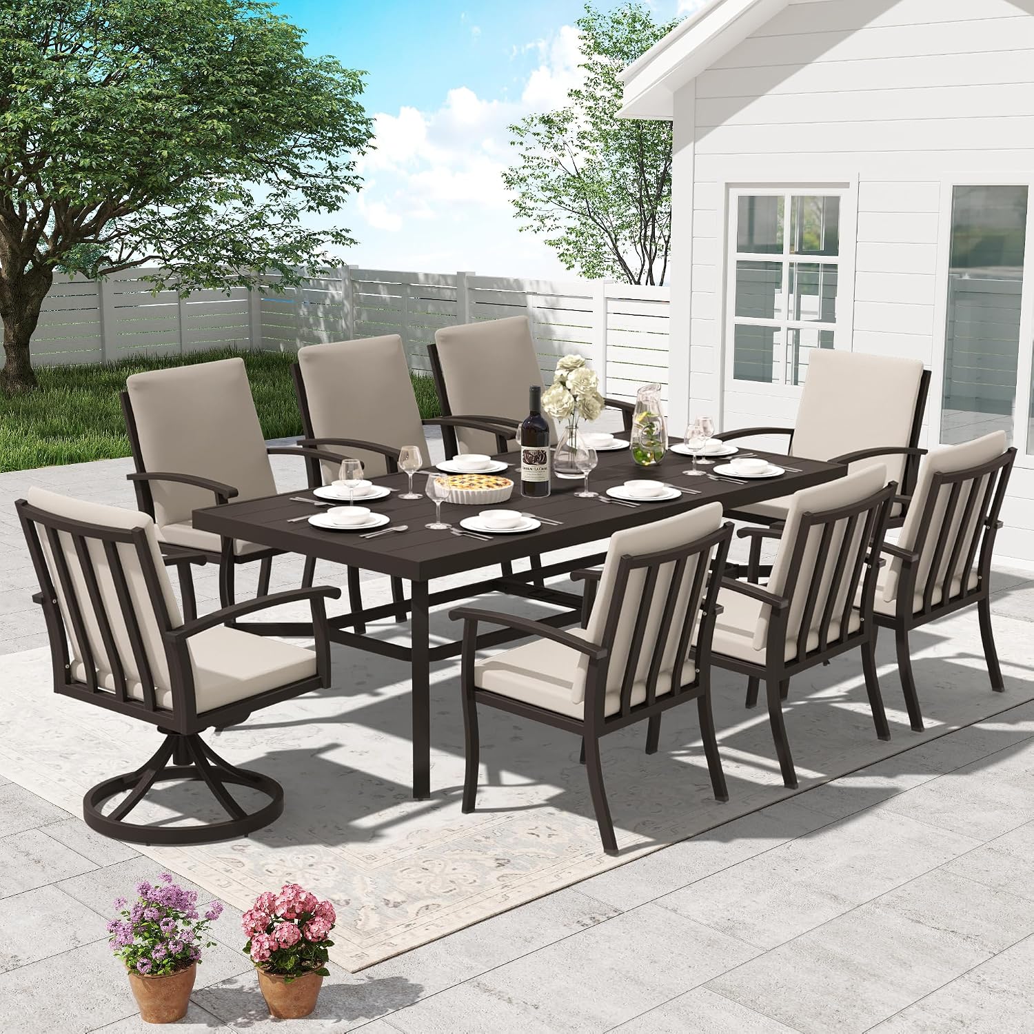 HAPPATIO Aluminum 9 Piece Patio Dining Sets, Outdoor Dining Set for 8, Patio Furniture Sets, 2 Swivel Dining Chairs, 6 Dining Chairs, Aluminum Furniture Set for Patio, Yard (Black)