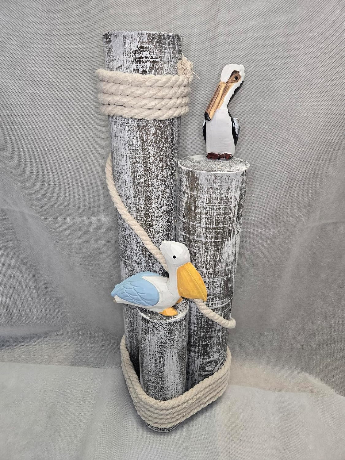 DRH - Pelican Statue on Wood Pilings – Coastal Garden Decor, Nautical Bird Sculpture for Porch, Pool, Patio or Beach House - Marine Bird Sculpture Nautical Decor