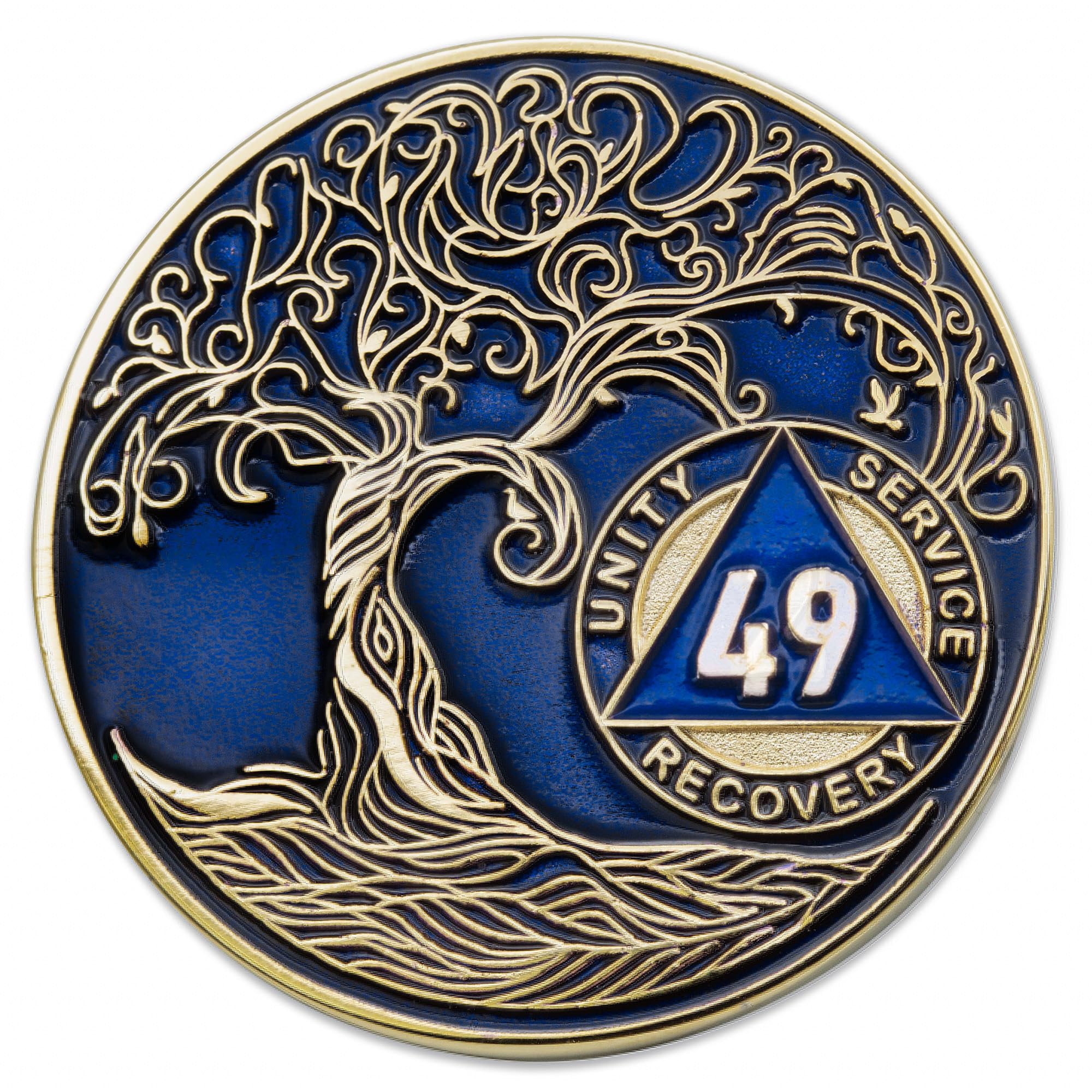 1 to 50 Year Twisted Tree of Life Sobriety Coin - Gold Plated AA Chips &amp; Medallions - 49 Year Sobriety Coin - Translucent Blue
