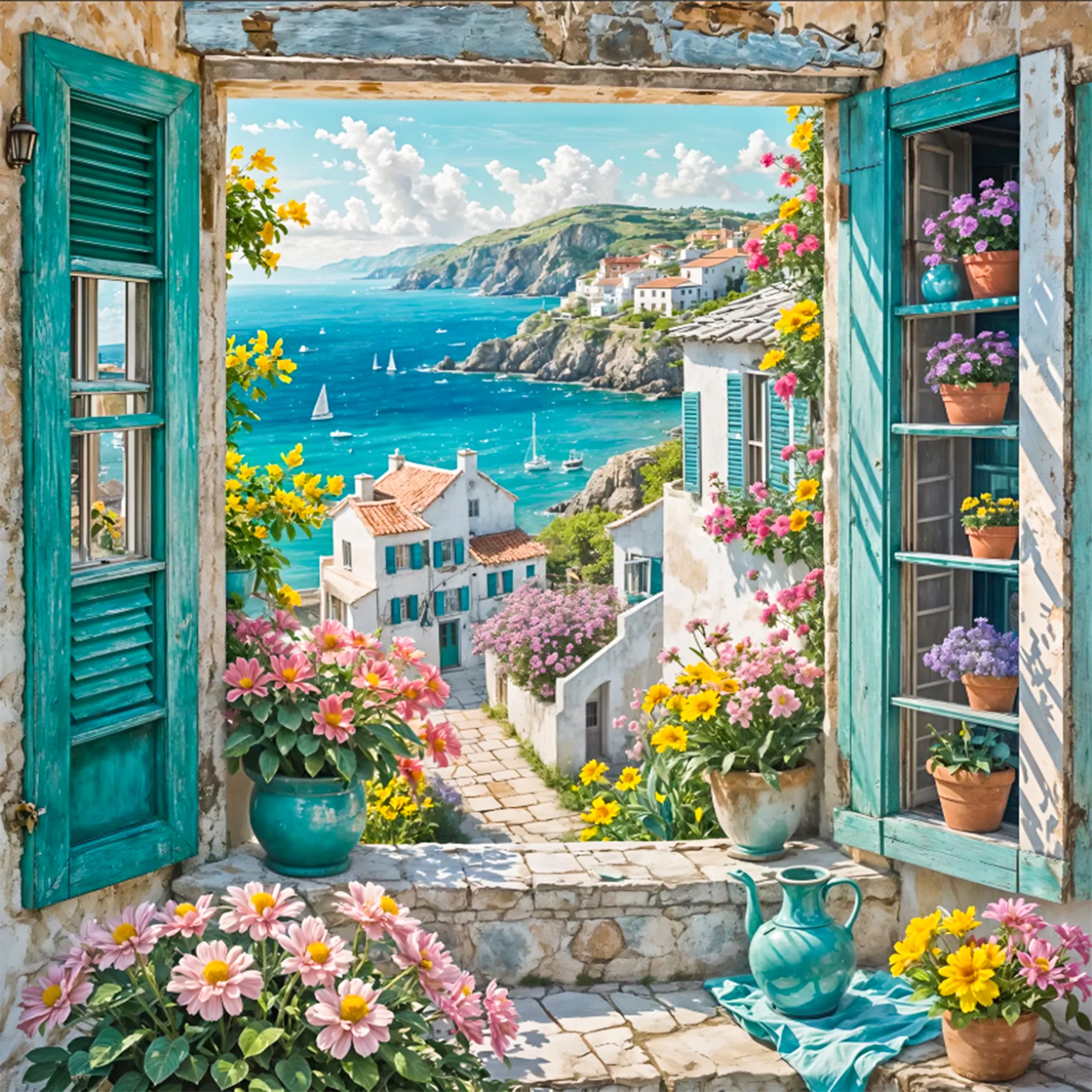 Paint by Numbers for Adults Seaside Scenery - Adult Paint by Numbers Kits for Beginner, Window Landscape DIY Acrylic Oil Adult Painting by Number Canvas Kits, Perfect for Home Wall Decor 16X16 Inch