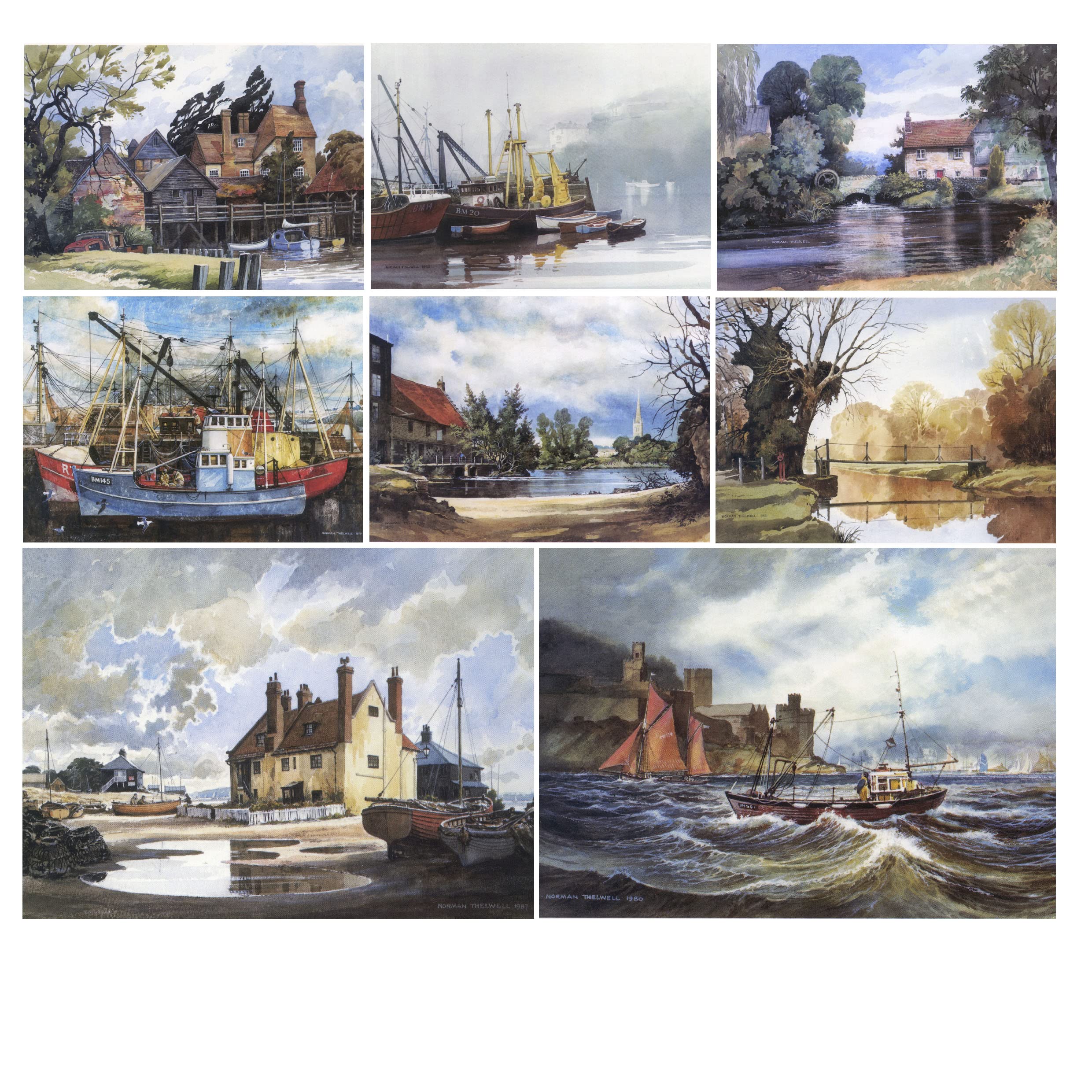 Landscape and seascape art greeting card pack. 8 assorted greeting cards by Norman Thelwell