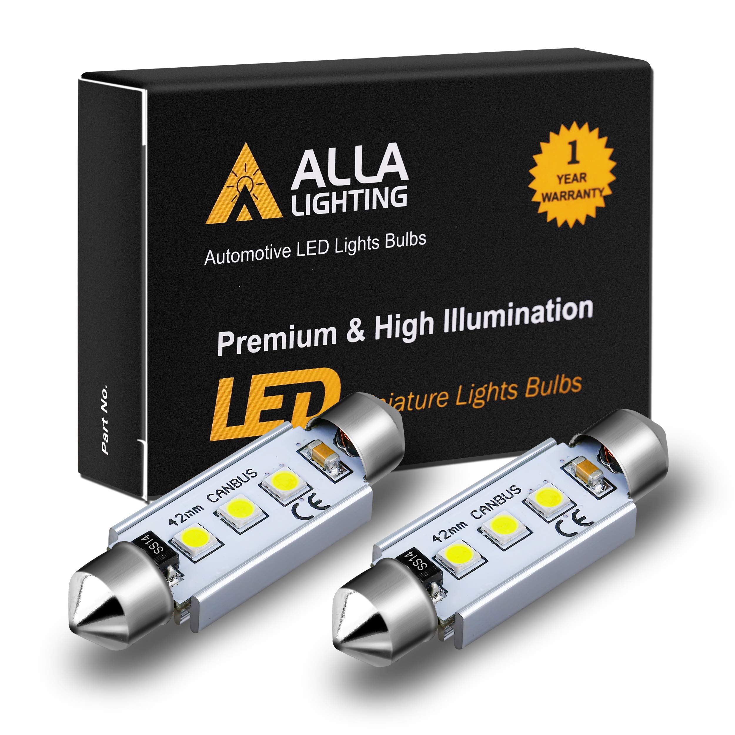Alla Lighting CANBUS 211-2 578 LED Bulbs Super Bright 41mm 42mm Festoon 3030 SMD 212-2 569 6413 LED Lights Bulb for Interior Map, Dome, Trunk, Step Courtesy, License Plate Lights, 6000K Xenon White