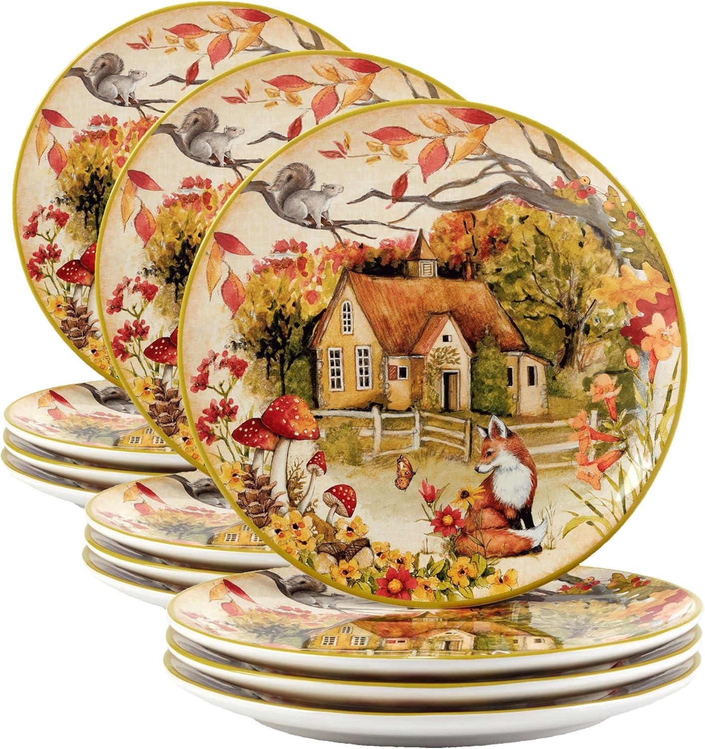 Woodland Critters 11" Ceramic Dinner Plates, Set of 4 – Whimsical Forest Animal and Cottage Scene – Nature-Inspired Tableware for Fall, Kids Parties, Holiday Meals, Gifting, and Rustic Décor